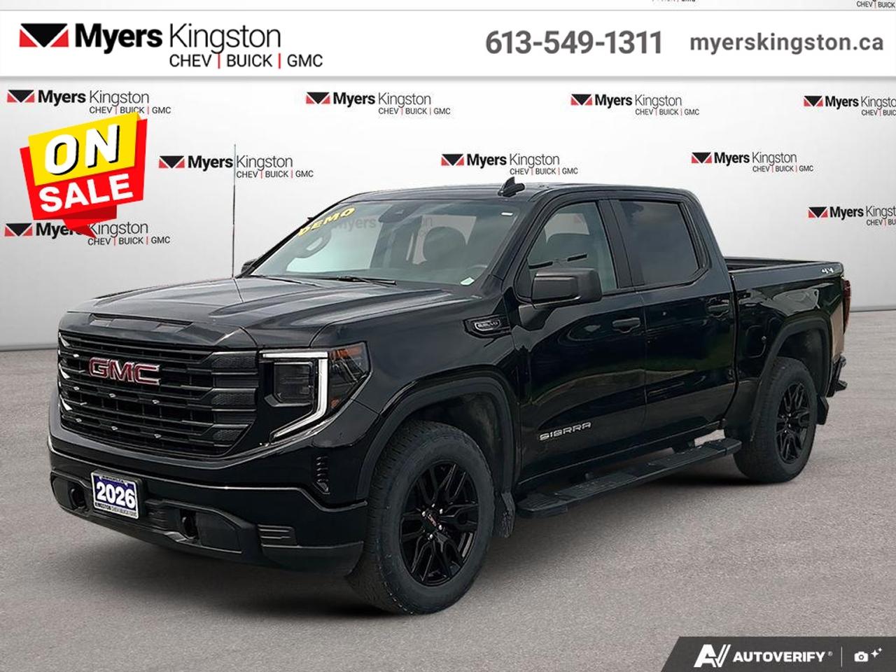 <b>Graphite Edition, Adaptive Cruise Control, Spray-On Bedliner, 6 rectangular tubular assist steps!</b><br> <br>  SPECIAL! EMPLOYEE PRICING ON NOW! Was $76700. Now $64732! $6468 discount until Aug 31!  (in addition to the $5500 rebate)  <br> <br/>No matter where youre heading or what tasks need tackling, theres a premium and capable Sierra 1500 thats perfect for you.<br> <br>This 2026 GMC Sierra 1500 stands out in the midsize pickup truck segment, with bold proportions that create a commanding stance on and off road. Next level comfort and technology is paired with its outstanding performance and capability. Inside, the Sierra 1500 supports you through rough terrain with expertly designed seats and robust suspension. This amazing 2026 Sierra 1500 is ready for whatever.<br> <br>This Onyx Black Crew Cab 4X4 pickup has an Automatic transmission and is powered by a 355HP 5.3L 8 Cylinder Engine. <br> <br> Our Sierra 1500s trim level is Pro. This trim features GMC Pro Safety brings advanced confidence to every drive, offering features like Forward Collision Alert, Lane Keep Assist, Automatic Emergency Braking, and IntelliBeam. A bold exterior pairs LED projector headlamps, chrome bumpers, and CornerStep rear bumper with practical touches like 12 fixed cargo tie-downs and a fully boxed frame. Inside, drivers get a straightforward and durable cabin with a 7-inch touchscreen, wireless Apple CarPlay and Android Auto, Wi-Fi hotspot capability, and convenient split-bench seating with under-seat storage, while a standard HD Rear Vision Camera and stability control add everyday assurance. This vehicle has been upgraded with the following features: Graphite Edition, Adaptive Cruise Control, Spray-On Bedliner, 6 rectangular tubular assist steps. This is a demonstrator vehicle driven by a member of our staff and has just 9313 km.<br><br> <br>To apply right now for financing use this link: <a href=https://www.taylorautomall.com/finance/apply-for-financing/ target=_blank>https://www.taylorautomall.com/finance/apply-for-financing/</a><br> <br/>Weve discounted this vehicle $6468. Total rebate of $5500 is reflected in the price. Incentives expire 2026-08-31. See dealer for details. <br><br>HST, licensing, and Federal luxury tax (if applicable) are extra. <br><br> Come by and check out our fleet of 60+ used cars and trucks and 170+ new cars and trucks for sale in Kingston.  o~o