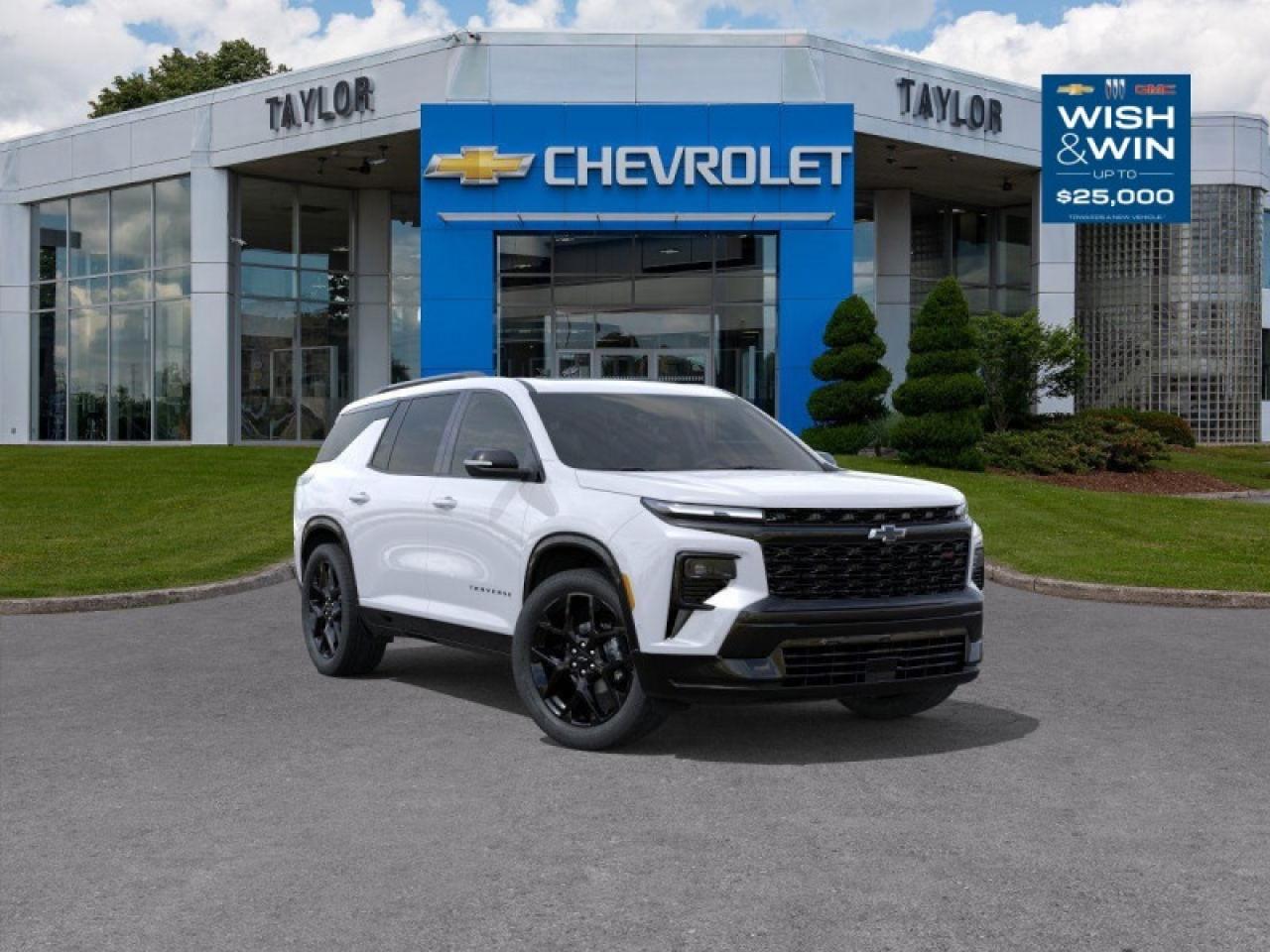 <b>Super Cruise,  Park Assist,  Sunroof,  Bose Premium Audio,  Cooled Seats!</b><br> <br>   The 2026 Chevrolet Traverse blends spacious three-row comfort, modern style and advanced technology into a family-friendly SUV built for everyday life. <br> <br>The 2026 Chevrolet Traverse offers generous space, advanced connectivity and refined comfort for drivers who need a capable three-row SUV without compromise. Its interior delivers intuitive tech, premium finishes and seating designed to keep everyone comfortable on every journey. Built to support both daily routines and spirited getaways, the Traverse provides a confident, versatile ride for families and active lifestyles alike.<br> <br> This polar wht SUV  has an automatic transmission and is powered by a  328HP 2.5L 4 Cylinder Engine.<br> <br> Our Traverses trim level is RS. This Traverse RS features GM Super Cruise for hands-free driving, automatic park assist, a panoramic sunroof and Bose premium audio, along with a trailering package, black aluminum wheels, ventilated and heated front seats with a heated steering wheel, leather upholstery, remote engine start, an AutoSense power liftgate for rear cargo access, a wireless charging pad, and an expansive 17.7-inch infotainment screen with inbuilt navigation, wireless Apple CarPlay and Android Auto, and SiriusXM. Safety features also include blind zone alert, automatic parking assist, HD surround vision, following distance indication and forward collision alert. This vehicle has been upgraded with the following features: Super Cruise,  Park Assist,  Sunroof,  Bose Premium Audio,  Cooled Seats,  Trailering Package,  Wireless Charging. <br><br> <br>To apply right now for financing use this link : <a href=https://www.taylorautomall.com/finance/apply-for-financing/ target=_blank>https://www.taylorautomall.com/finance/apply-for-financing/</a><br><br> <br/> See dealer for details. <br> <br> <br>LEASING:<br><br>Estimated Lease Payment: $491 bi-weekly <br>Payment based on 6.9% lease financing for 60 months with $0 down payment on approved credit. Total obligation $63,920. Mileage allowance of 16,000 KM/year. Offer expires 2026-01-02.<br><br><br>HST, licensing, and Federal luxury tax (if applicable) are extra. <br><br> Come by and check out our fleet of 40+ used cars and trucks and 170+ new cars and trucks for sale in Kingston.  o~o