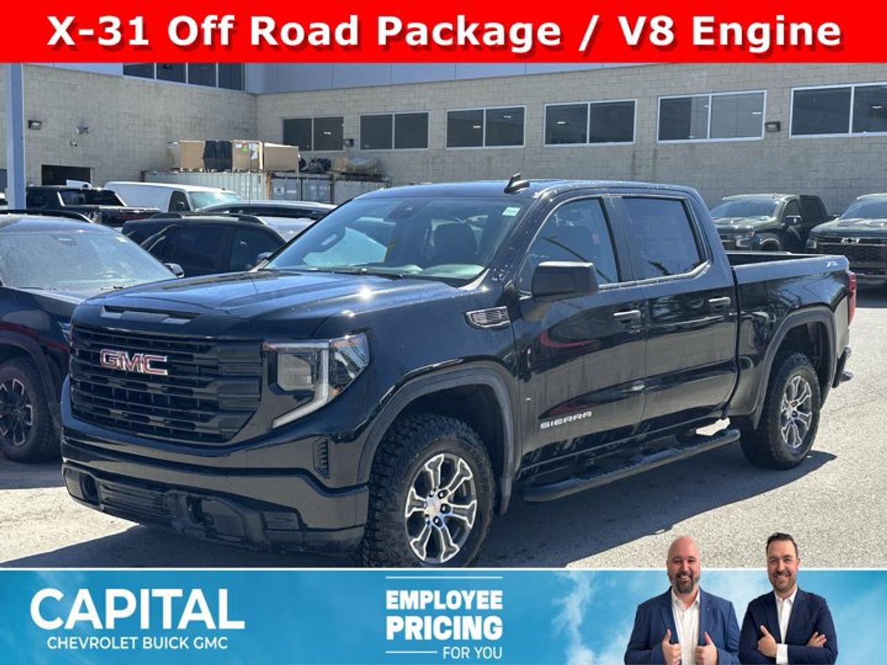 This GMC Sierra 1500 delivers a Gas V8 5.3L/325 engine powering this Automatic transmission. X31 OFF-ROAD PACKAGE includes Off-Road suspension, (JHD) Hill Descent Control, (NZZ) skid plates, (K47) heavy-duty air filter and X31 hard badge Includes (G80) auto-locking rear differential and (NQH) 2-speed transfer case., TRANSMISSION, 10-SPEED AUTOMATIC, (COLUMN SHIFTER) ELECTRONICALLY CONTROLLED with overdrive and tow/haul mode. Includes Cruise Grade Braking and Powertrain Grade Braking, TRAILER BRAKE CONTROLLER, INTEGRATED.*This GMC Sierra 1500 Comes Equipped with These Options *PRO VALUE PACKAGE includes (PCI) Convenience Package and (Z82) Trailering Package , REAR AXLE, 3.23 RATIO, PRO PREFERRED EQUIPMENT GROUP includes standard equipment, LPO, CARGO TIE-DOWNS, (4) (dealer-installed), LPO, ALL-WEATHER FLOOR LINER, 1ST AND 2ND ROWS (dealer-installed), GVWR, 7100 LBS. (3221 KG), ENGINE, 5.3L ECOTEC3 V8 (355 hp [265 kW] @ 5600 rpm, 383 lb-ft of torque [518 Nm] @ 4100 rpm); featuring Dynamic Fuel Management (Includes (KW7) 170-amp alternator and (MHT) 10-speed automatic transmission., ENGINE BLOCK HEATER, Wireless, Apple CarPlay / Wireless Android Auto, Windows, power rear, express down (Not available on Regular Cab models.).* Visit Us Today *Treat yourself- stop by Capital Chevrolet Buick GMC Inc. located at 13103 Lake Fraser Drive SE, Calgary, AB T2J 3H5 to make this car yours today!