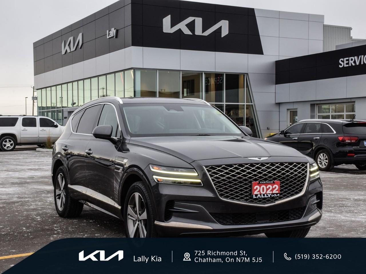 <p><strong>2022 Genesis GV80 2.5T Advanced  Low KMs, Clean CarFax</strong></p><p>This GV80 2.5T Advanced delivers luxury and performance with <strong>AWD</strong>, <strong>Leather</strong>, <strong>Heated Seats</strong>, a <strong>Heated Steering Wheel</strong>, <strong>Navigation</strong>, and a <strong>Panoramic Roof</strong>, offering a refined and confident driving experience. Perfect for the colder months, the AWD system and heated features provide added comfort and control in winter conditions.</p><p><strong>Proudly serving our community, Lally Kia makes your car-buying experience simple, transparent, and worry-free.</strong></p> <p>We use no hassle no haggle live market pricing! Save money and time.</p><p>All prices shown include all fees. Reconditioning and Full Detailing. Taxes and Licensing extra.</p><p>All Pre-Owned vehicles come standard with one key. If we received additional keys from the previous owner they will be with the vehicle upon delivery at no cost. Additional keys may be purchased at customers requested and expense.</p><p>Book your appointment today!</p>