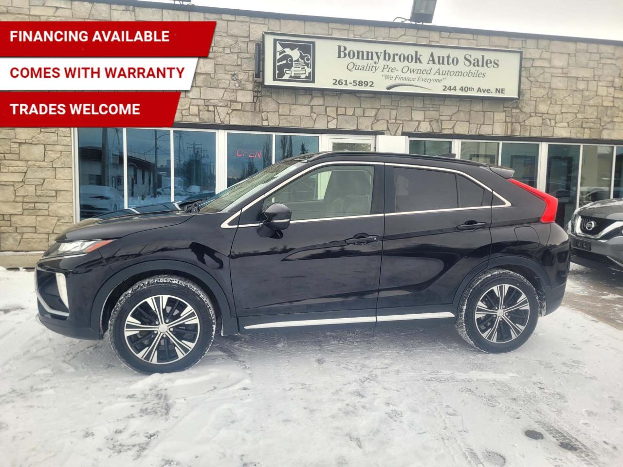 Need a vehicle that has style? Look at our Pre-Owned 2018 MITSUBISHI ECLIPSE CROSS GT 4X4 (Pictured in photo) Filled with top options including Heated Leather. Heated Steering wheel, Keyless Entry, Bluetooth, Navigation Power Mirrors, Power Locks, Power Windows. Am/Fm stereo, Cd player, Remote Car Starter, Power sunroof, Rearview camera  Power Lift Gate/Air /Tilt /Cruise/ comes with 6 month power train warranty with options to extend. The vehicle has hail damage.  Smooth ride at a great price thats ready for your test drive. Fully inspected and given a clean bill of health by our technicians. Fully detailed on the interior and exterior so it feels like new to you. There should never be any surprises when buying a used car, thats why we share our Mechanical Fitness Assessment and Carfax with our customers, so you know what we know. Bonnybrook Auto sales is helping thousands find quality used vehicles at prices they can afford. If you would like to book a test drive, have questions about a vehicle or need information on finance rates, give our friendly staff a call today! Bonnybrook auto sales is proudly one of the few car dealerships that have been serving Calgary for over Twenty years. /TRADE INS WELCOMED/ Amvic Licensed Business.  Due to the recent increase for used vehicles.  We are in need of pre-owned vehicles. We give top dollar for your trades.  We also purchase all makes and models of vehicles.