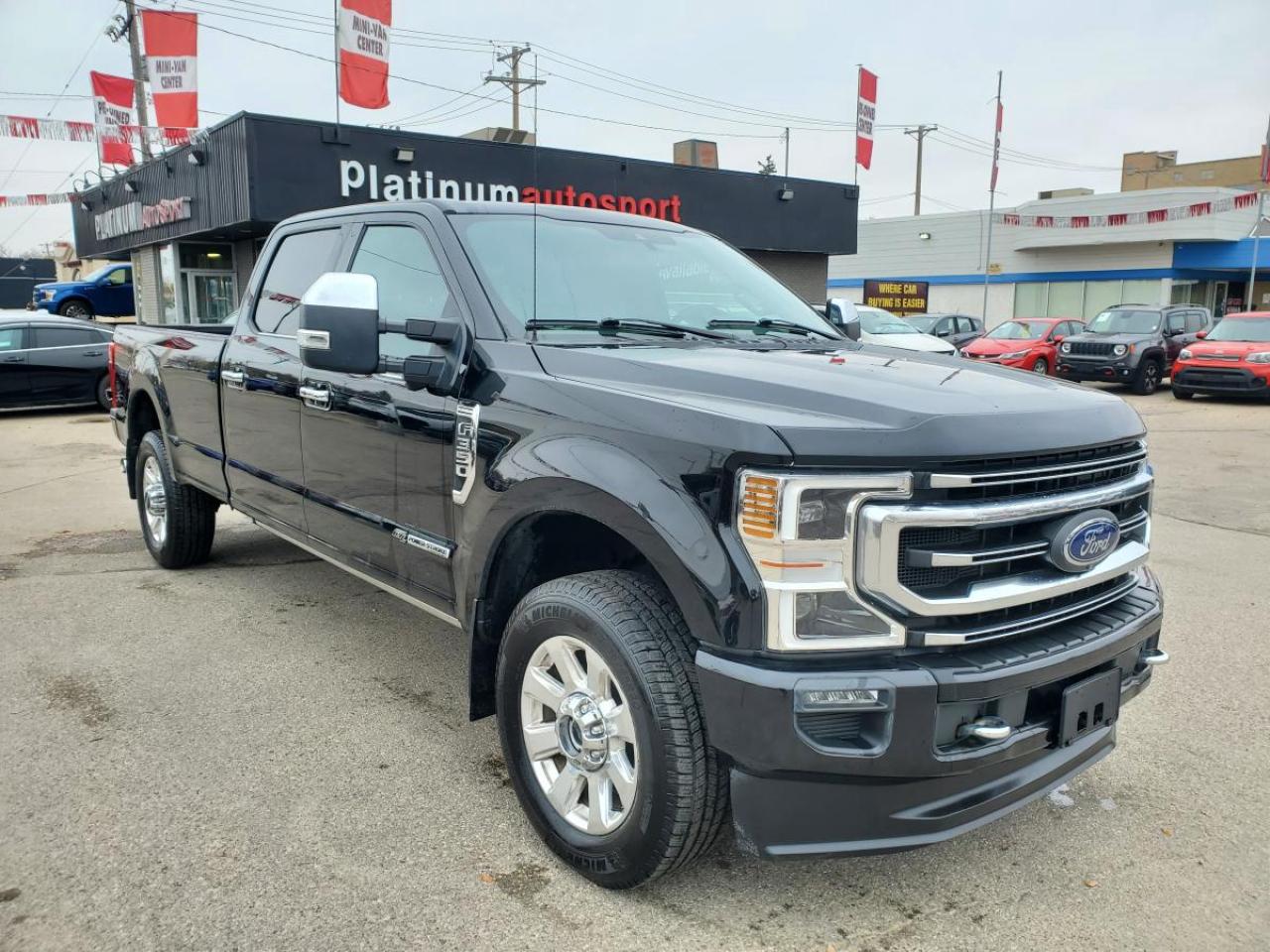 2021 Ford Super Duty F-350 SRW Platinum Crew Cab Long Bed Diesel for Sale in Saskatoon, SK

VIN: 1FT8W3BT4MED36138
Mileage: 102,438 KM
Exterior Color: Black
Interior: Black Leather
Condition: Mint | No Accidents | Fully Loaded

Take on any job or adventure with confidence in this 2021 Ford Super Duty F-350 SRW Platinum Crew Cab Long Bed Diesel. Designed for strength, durability, and luxury, this heavy-duty truck is perfect for both work and play. Finished in sleek Black exterior paint with a refined black leather interior, this Platinum trim offers premium comfort while delivering exceptional towing and hauling power.

At Platinum Auto Sport in Saskatoon, we specialize in in-house financing for all credit situations. Whether you have good credit, bad credit, or no credit at all, our team is here to get you approved and driving today.

Performance & Capability

6.7L Power Stroke® V8 Turbo Diesel engine

475 horsepower and 1,050 lb-ft of torque

10-speed TorqShift® automatic transmission

Single rear wheel (SRW) configuration

Long bed for maximum hauling capacity

Advanced trailer tow package with trailer sway control

4x4 drivetrain for all-weather capability

Heavy-duty suspension with selectable drive modes

Interior Comfort & Luxury

Premium black leather seats with Platinum embroidery

Heated and ventilated front seats

Heated rear seats for passenger comfort

Power-adjustable driver and passenger seats with memory function

Heated leather-wrapped steering wheel

Dual-zone electronic automatic climate control

Power moonroof for added luxury

Ample rear-seat legroom with Crew Cab configuration

Technology & Infotainment

SYNC® 3 infotainment system with 8-inch touchscreen

Apple CarPlay and Android Auto compatibility

Premium Bang & Olufsen® 10-speaker audio system

Voice-activated navigation

FordPass Connecu with Wi-Fi hotspot capability

Wireless charging pad

Remote start system

Smart keyless entry with push-button start

Safety & Driver Assistance

360-degree camera system with split-view display

Adaptive cruise control with forward collision warning

Blind Spot Information System (BLIS®) with trailer coverage

Lane Keeping Alert and Driver Alert System

Pre-Collision Assist with Automatic Emergency Braking

Reverse sensing system with rearview camera

Advanced airbag system and roll stability control

Exterior Features

Bold black exterior with Platinum chrome accents

Power-deployable running boards

LED headlights, fog lamps, and taillights

PowerScope® trailer tow mirrors with heat and signal indicators

20-inch polished aluminum wheels

Long bed with spray-in bedliner

Power locking tailgate with remote release

Dual exhaust with chrome tips

Why Buy the 2021 Ford Super Duty F-350 Platinum?

This truck combines serious towing and hauling power with luxury-grade comfort. Perfect for work, recreation, or daily driving, the F-350 Platinum Diesel delivers unmatched reliability and capability in Saskatchewan conditions.

Why Choose Platinum Auto Sport Saskatoon?

Trusted used truck dealer in Saskatoon, SK

In-house financing for all credit types   good, bad, or no credit

Quick approvals and flexible payment options

Serving Saskatoon, Regina, Prince Albert, and all of Saskatchewan

 Call Platinum Auto Sport today to book a test drive in this 2021 Ford Super Duty F-350 Platinum Crew Cab Diesel and take advantage of our easy in-house financing solutions.