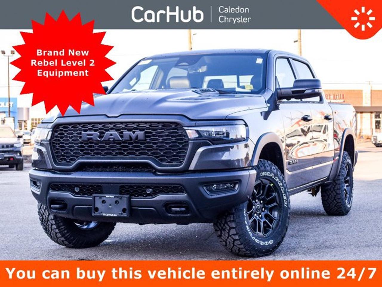 Brand NewThis Ram 1500 Rebel 4x4 Crew Cab 57 Box has a dependable Twin Turbo Regular Unleaded I-6 3.0 L/183 engine powering this Automatic transmission. ENGINE: 3.0L I6 HURRICANE SO TWIN TURBO ESS (STD), Wheels: 18 x 8 Painted Mid-Gloss Black, Voice Recorder.Our advertised prices are for consumers (i.e. end users) only. <p> </p><p>This Ram 1500 Rebel 4x4 Crew Cab 57 Box Comes Equipped with These Options <br />Navigation</p><p>Sport Hood</p><p>Heated Seats</p><p>14.4 Display</p><p>Remote Start</p><p>Apple Carplay</p><p>Power Tailgate</p><p>Heated Seats</p><p>Front Ventilated Seats</p><p>Heated Steering Wheel</p><p>Passenger Interactive Display</p><p>Driver Seat w/Memory Setting</p><p>Dual Pane Panoramic Sunroof</p><p>Blind Spot Detection Blind Spot</p><p>Power Adjustable Pedals w/Memory</p><p>19-Speaker harman/kardon Premium Sound</p><p>Active Lane Management System Lane Keeping Assist</p><p>Active Lane Management System Lane Departure Warning</p><p>Front Passenger Interactive Display, Power 2-Way Passenger Lumbar Adjust, 115V Rear Auxiliary Power Outlet, Media Hub w/2 USB Charging Ports, Proximity Approach/Departure Lamps, Power 8-Way Adjustable Front Passenger Seat, Security Alarm, Dual Wireless Charging Pad, 19-Speaker harman/kardon Premium Sound, Rear Window Defroster, Rain-Sensing Windshield Wipers, Radio: Uconnect 5 Nav w/14.4 Display, Accent Colour Door Handles, 2nd-Row Ventilated Seats, Black Painted Exterior Mirror Caps, Off-Road Information Pages, Exterior Mirrors Approach Lamps, Smartphone As A Key, 14.4 Touchscreen Display, Accent-Colour Premium Power Mirrors, Remote Proximity Keyless Entry, Accent Colour Tailgate Handle, Exterior Mirrors w/Memory Settings, Driver Seat w/Memory Setting, Power Tailgate, Radio/Driver Seat/Mirrors/Pedals Memory, Floor Console, Under Seat Lighting, G/T Decal, Leather Wrapped Shift Knob, Leather-Wrapped Steering Wheel, Steering Wheel Mounted Shift Control, GT Interior Theme, MOPAR Bright Pedal Kit, Passive Cold End Exhaust, Performance Pages, Power 4-Way Passenger Lumbar Adjust, Rear 60/40 Folding/Reclining Seat, Front Ventilated Seats, Power 4-Way Driver Lumbar Adjust, 2nd-Row Ventilated Seats, Front Heated Seats, Heated Steering Wheel, Driver Seat w/Memory Setting, Power 8-Way Adjustable Front Passenger Seat, Vinyl Door Trim Insert, Variable Intermittent Wipers, Valet Function, USB Mobile Projection, Trip Computer, Transmission: 8-Speed Automatic, Transmission w/Driver Selectable Mode, Trailer Wiring Harness, Tire Specific Low Tire Pressure Warning.</p><p> </p><p>Drive Happy with CarHub<br />*** All-inclusive, upfront prices -- no haggling, negotiations, pressure, or games</p><p>*** Purchase or lease a vehicle and receive a $1000 CarHub Rewards card for service</p><p>*** All available manufacturer rebates have been applied and included in our sale price</p><p>*** Purchase this vehicle fully online on CarHub websites</p><p> </p><p>Transparency Statement<br />Online prices and payments are for finance purchases -- please note there is a $850 finance/lease fee. Cash purchases for used vehicles have a $2,350 surcharge (the finance price + $2,350), however cash purchases for new vehicles only have tax and licensing extra -- no surcharge. NEW vehicles priced at over $100,000 including add-ons or accessories are subject to the additional federal luxury tax. While every effort is taken to avoid errors, technical or human error can occur, so please confirm vehicle features, options, materials, and other specs with your CarHub representative. This can easily be done by calling us or by visiting us at the dealership. CarHub used vehicles come standard with 1 key. If we receive more than one key from the previous owner, we include them with the vehicle. Additional keys may be purchased at the time of sale. Ask your Product Advisor for more details. Payments are only estimates derived from a standard term/rate on approved credit. Terms, rates and payments may vary. Prices, rates and payments are subject to change without notice. Please see our website for more details.</p><br/><br/><p> This Ram 1500 delivers a Twin Turbo Regular Unleaded I-6 3.0 L/183 engine powering this Automatic transmission. TRANSMISSION: 8-SPEED AUTOMATIC  (STD), TECHNOLOGY GROUP  -inc: Head-Up Display, LED Centre High-Mounted Stop Lamps, Digital Rearview Mirror w/Autodim, 12-Way/1-Way Trailer Connector, STEEL SPORT HOOD. <p> This Ram 1500 Features the Following Options <br /> QUICK ORDER PACKAGE 21W REBEL  -inc: Engine: 3.0L I6 Hurricane SO Twin Turbo ESS, Transmission: 8-Speed Automatic, G/T PACKAGE  -inc: Floor Console, Under Seat Lighting, G/T Decal, Leather Wrapped Shift Knob, Leather-Wrapped Steering Wheel, Steering Wheel Mounted Shift Control, GT Interior Theme, MOPAR Bright Pedal Kit, Passive Cold End Exhaust, Performance Pages , REBEL LEVEL 2 EQUIPMENT GROUP  -inc: Power Adjustable Pedals w/Memory, Front Passenger Interactive Display, Power 2-Way Passenger Lumbar Adjust, 115V Rear Auxiliary Power Outlet, Media Hub w/2 USB Charging Ports, Proximity Approach/Departure Lamps, Power 8-Way Adjustable Front Passenger Seat, Security Alarm, Dual Wireless Charging Pad, 19-Speaker harman/kardon Premium Sound, Rear Window Defroster, Rain-Sensing Windshield Wipers, Radio: Uconnect 5 Nav w/14.4 Display, Accent Colour Door Handles, 2nd-Row Ventilated Seats, Black Painted Exterior Mirror Caps, Off-Road Information Pages, Exterior Mirrors Approach Lamps, Smartphone As A Key, 14.4 Touchscreen Display, Accent-Colour Premium Power Mirrors, Remote Proximity Keyless Entry, Accent Colour Tailgate Handle, Exterior Mirrors w/Memory Settings, Driver Seat w/Memory Setting, Power Tailgate, Radio/Driver Seat/Mirrors/Pedals Memory, REAR WHEELHOUSE LINERS, RADIO: UCONNECT 5 NAV W/14.4 DISPLAY, MONOTONE PAINT, GRANITE CRYSTAL METALLIC, ENGINE: 3.0L I6 HURRICANE SO TWIN TURBO ESS  (STD), DUAL-PANE PANORAMIC SUNROOF  -inc: LED Dual Dome Reading Lamps, BLACK, LEATHER-FACED/VINYL BUCKET SEATS  -inc: Power 4-Way Passenger Lumbar Adjust, Rear 60/40 Folding/Reclining Seat, Front Ventilated Seats, Power 4-Way Driver Lumbar Adjust, 2nd-Row Ventilated Seats, Front Heated Seats, Heated Steering Wheel, Driver Seat w/Memory Setting, Power 8-Way Adjustable Front Passenger Seat. </p> <p>Drive Happy with CarHub<br>*** All-inclusive, upfront prices  no haggling, negotiations, pressure, or games*** Purchase or lease a vehicle and receive a $1000 CarHub Rewards card for service *** All available manufacturer rebates have been applied and included in our sale price*** Purchase this vehicle fully online on CarHub websites</p> <p>Transparency Statement<br>USED VEHICLES:Online prices and payments are for finance purchases  please note there is a $850 safety certification fee. if not Certified, then as per OMVIC Regulations the vehicle is deemed to be not drivable and Not Certified. Cash purchases for used vehicles have a $2,350 surcharge which includes the safety certification (the finance price + $2,350).NEW VEHICLES:New financed vehicles are subject to an $ 850 Processing Fee. New cars priced at over $100,000 including add-ons or accessories are subject to the additional federal luxury tax.While every effort is taken to avoid errors, technical or human error can occur, so please confirm vehicle features, options, materials, and other specs with your CarHub representative. This can easily be done by calling us or by visiting us at the dealership. CarHub used vehicles come standard with 1 key. If we receive more than one key from the previous owner, we include them with the vehicle. Additional keys may be purchased at the time of sale. Ask your Product Advisor for more details. Payments are only estimates derived from a standard term/rate on approved credit. Terms, rates and payments may vary. Prices, rates and payments are subject to change without notice. Please see our website for more details.</p>