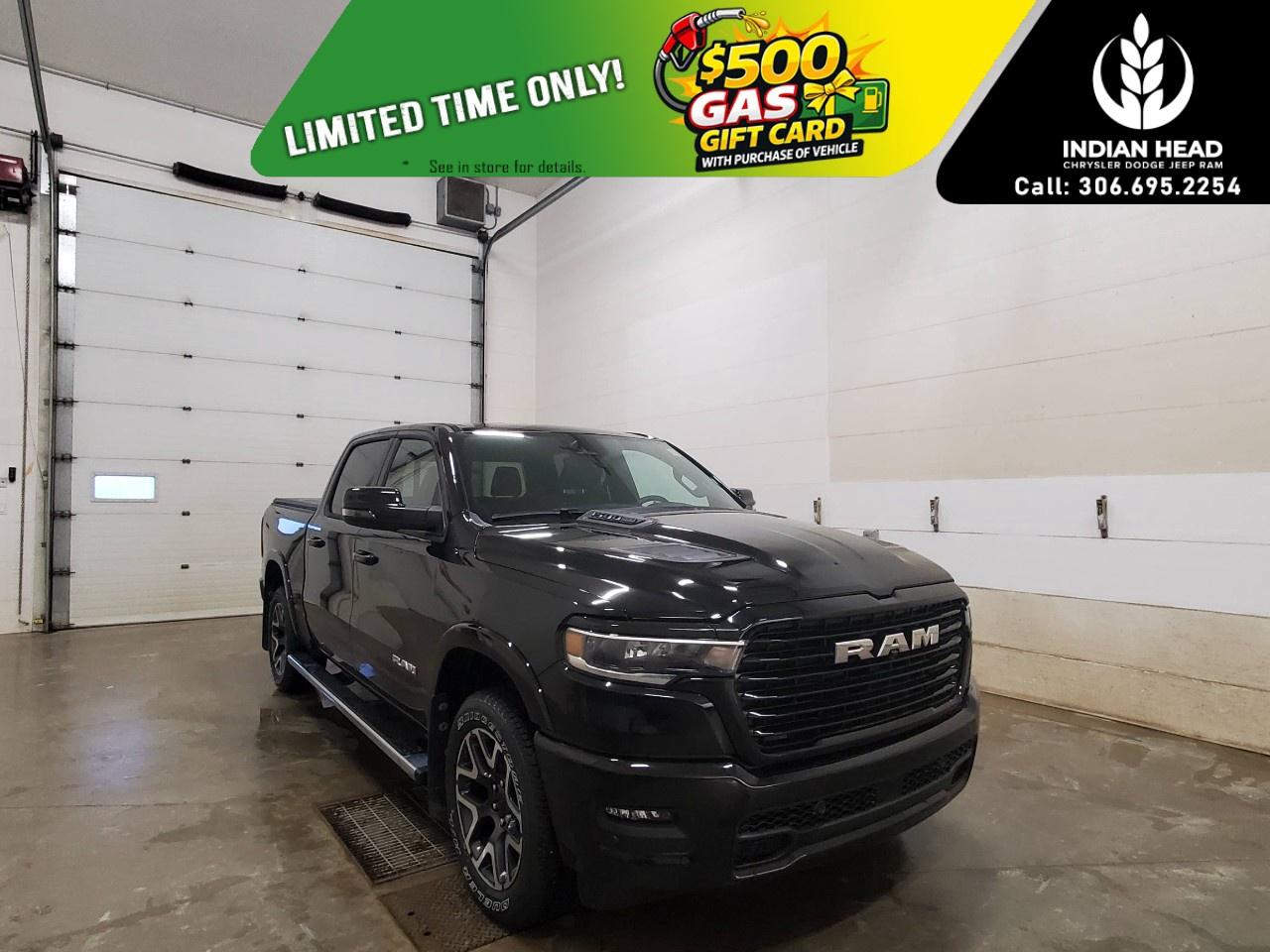 <p>Experience the perfect blend of power and style with the 2025 Ram 1500 Laramie 4x4 Crew Cab 5'7" Box. This striking black truck is built to handle any terrain with its robust 4×4 drivetrain, ensuring a confident drive every time.</p><p>The bold exterior is not just about aesthetics; it's fitted with alloy wheels and heated mirrors for those cold Canadian mornings. Stepping inside, you are welcomed by a premium black leather interior that exudes comfort and sophistication. Both front and rear seats are heated, with the front seats also offering cooling for enhanced comfort in all weather conditions. The leather-wrapped, heated steering wheel is a perfect blend of luxury and functionality.</p><p>The 2025 Ram 1500 is packed with cutting-edge technology like a backup camera, Wi-Fi hotspot, and a smart device integration system. Key safety features include lane assist, parking sensors, and adaptive cruise control, enhancing driver confidence on the road.</p><p>This vehicle is ideal for those who value performance, safety, and comfort. If you're looking for a truck that delivers on all fronts, contact our dealership today to learn more about how the 2025 Ram 1500 Laramie can be yours!</p>