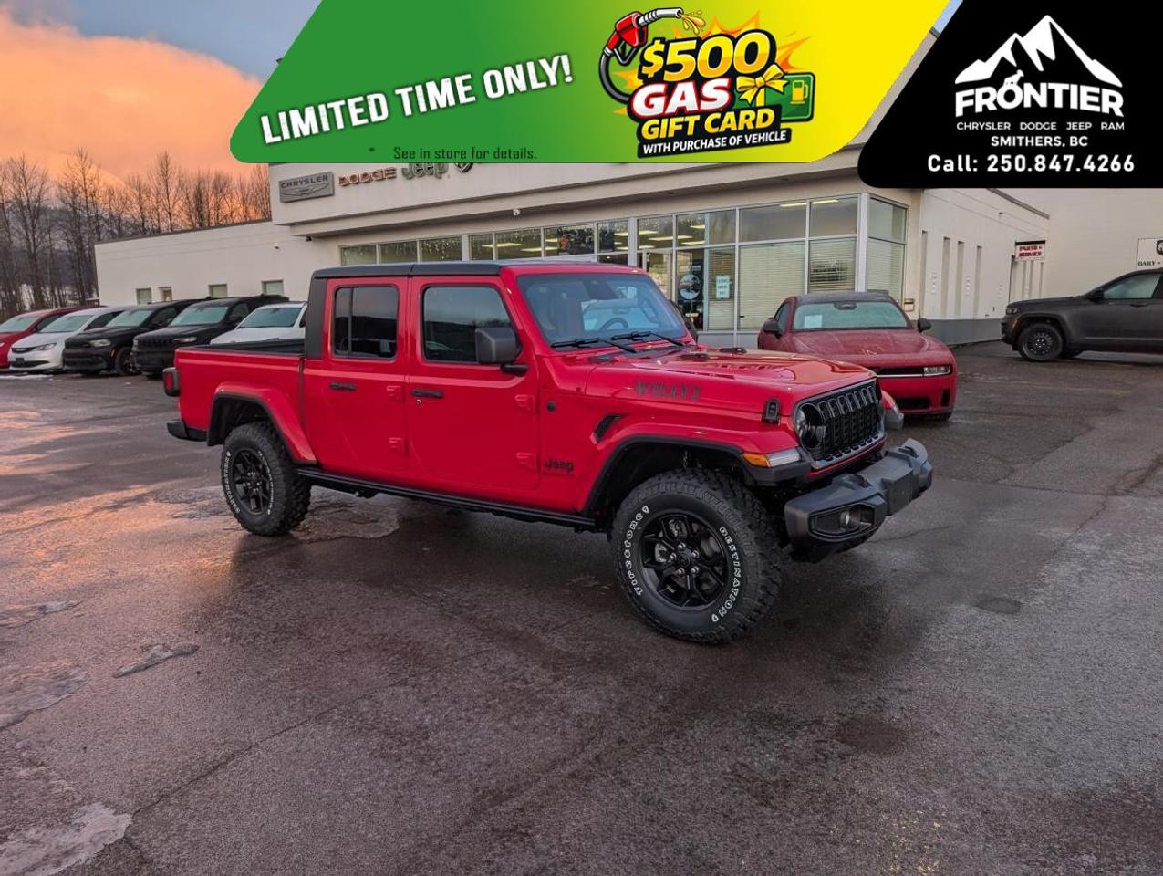 <p>Make a bold statement on and off the road with the 2026 Jeep Gladiator Willys in a striking red finish. This new 4×4 truck pairs rugged 4x4 capabilities with smooth automatic transmission for an exceptional driving experience.</p> <p>On the exterior, the Gladiator Willys boasts robust styling with alloy wheels, perfectly matching the adventurous spirit Jeep is known for. Step inside to be greeted by a sleek black interior that combines comfort and functionality, equipped with all the essentials you need.</p> <p>Stay connected and entertained with smart device integration, Bluetooth connectivity, and a convenient Wi-Fi hotspot, perfect for both work and play. Feel confident on every journey with advanced safety features including brake assist. Keyless entry, power windows, and cruise control bring added convenience to your daily drive.</p> <p>This Jeep Gladiator Willys is ideal for adventurers and those who crave versatility and style. Don't miss outcontact our dealership today to learn more about how this incredible truck can be yours.</p>