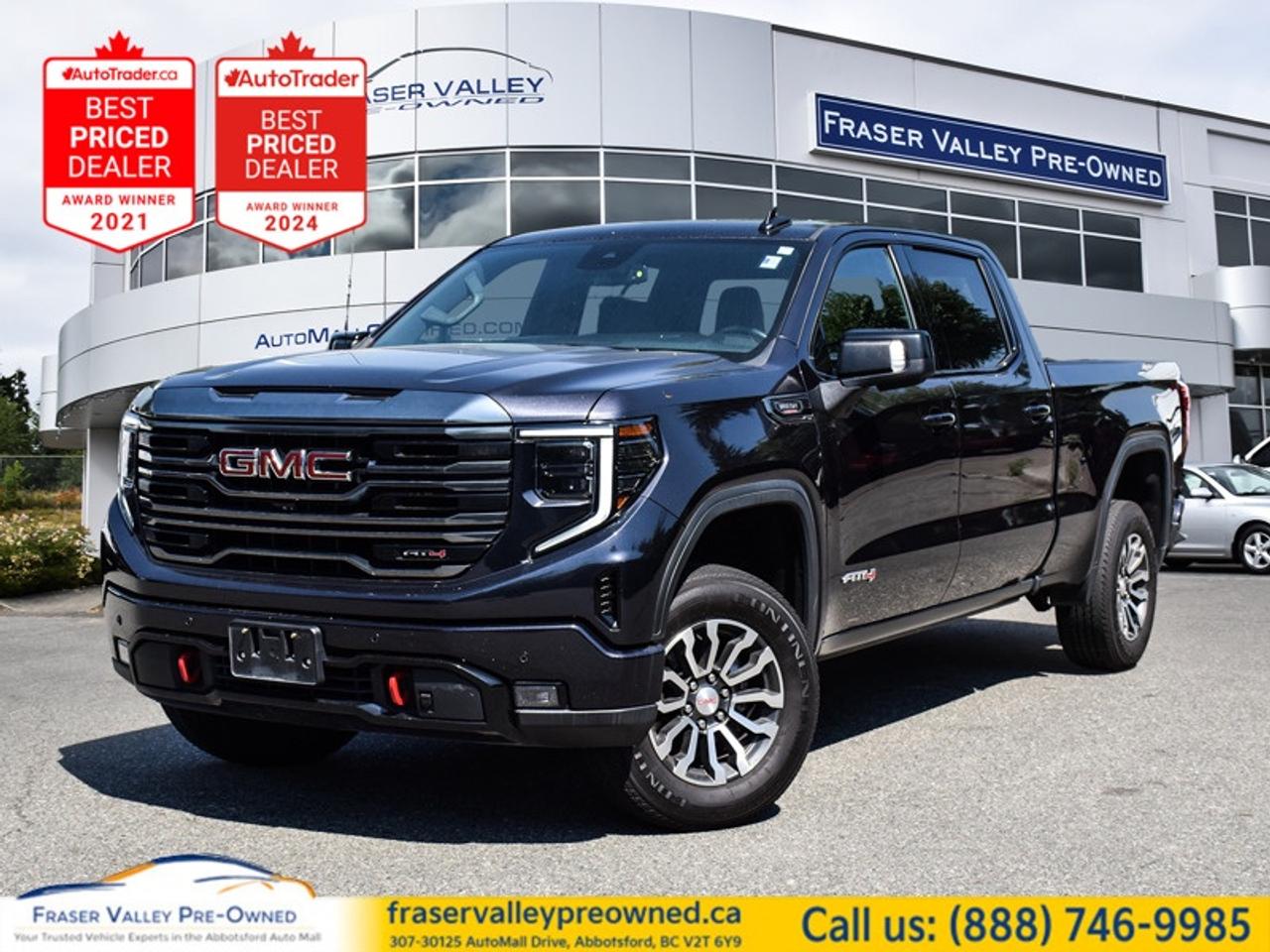 Off Road Suspension, Bose Premium Audio, Leather Seats, Aluminum Wheels, Skid Plates, Wireless Charging, Remote Start, Apple CarPlay, Android Auto, Spray-on Bedliner, Lane Keep Assist, LED Lights, Tow Package
 
 With elegant style and refinement that beautifully match its brute capability, this GMC Sierra 1500 is ready to rule any road you take it on. This 2023 GMC Sierra 1500 is fresh on our lot in Abbotsford.
 
This redesigned GMC Sierra 1500 stands out against all other pickup trucks, with sharper, more powerful proportions that creates a commanding stance on and off the road. Next level comfort and technology is paired with its outstanding performance and capability. Inside, the Sierra 1500 supports you through rough terrain with expertly designed seats and a pro grade suspension. Inside, youll find an athletic and purposeful interior, designed for your active lifestyle. Get ready to live like a pro in this amazing GMC Sierra 1500!
 
This sought after diesel 4X4 pickup has 94,878 km. Its Titanium Rush Metallic in colour. It has an Automatic transmission and is powered by a smooth engine. 
 
 Our Sierra 1500s trim level is AT4. Built for adventure, this ultra capable GMC Sierra 1500 AT4 comes very well equipped with an off-road suspension with skid plates, perforated leather seats, exclusive aluminum wheels, body-coloured exterior accents and a massive 13.4 inch touchscreen display that features wireless Apple CarPlay and Android Auto, Bose premium audio, SiriusXM, plus a 4G LTE hotspot. Additionally, this amazing pickup truck also features a spray-in bedliner, wireless device charging, IntelliBeam LED headlights, remote engine start, forward collision warning and lane keep assist, a trailer-tow package with hitch guidance, LED cargo area lighting, teen driver technology, a HD rear vision camera plus so much more!
 
To apply right now for financing use this link: https://www.fraservalleypreowned.ca/abbotsford-car-loan-application-british-columbia
 

| Our Quality Guarantee: We maintain the highest standard of quality that is required for a Pre-Owned Dealership to operate in an Auto Mall. We provide an independent 360-degree inspection report through licensed 3rd Party mechanic shops. Thus, our customers can rest assured each vehicle will be a reliable, and responsible purchase.  |  Purchase Disclaimer: Your selected vehicle may have a differing finance and cash prices. When viewing our vehicles on third party  marketplaces, please click over to our website to verify the correct price for the vehicle. The Sale Price on third party websites will always reflect the Finance Price of our vehicles. If you are making a Cash Purchase, please refer to our website for the Cash Price of the vehicle.  | All prices are subject to and do not include, a $995 Finance Fee, a $995 Document Fee, and a $499 GPS Lot Pack. VSA Security Fee of $10 is applicable as we are a Certified VSA Dealer (#40190).  These fees as well as taxes, are included in all listed listed payment quotes. Please speak with Dealer for full details and exact numbers.  o~o