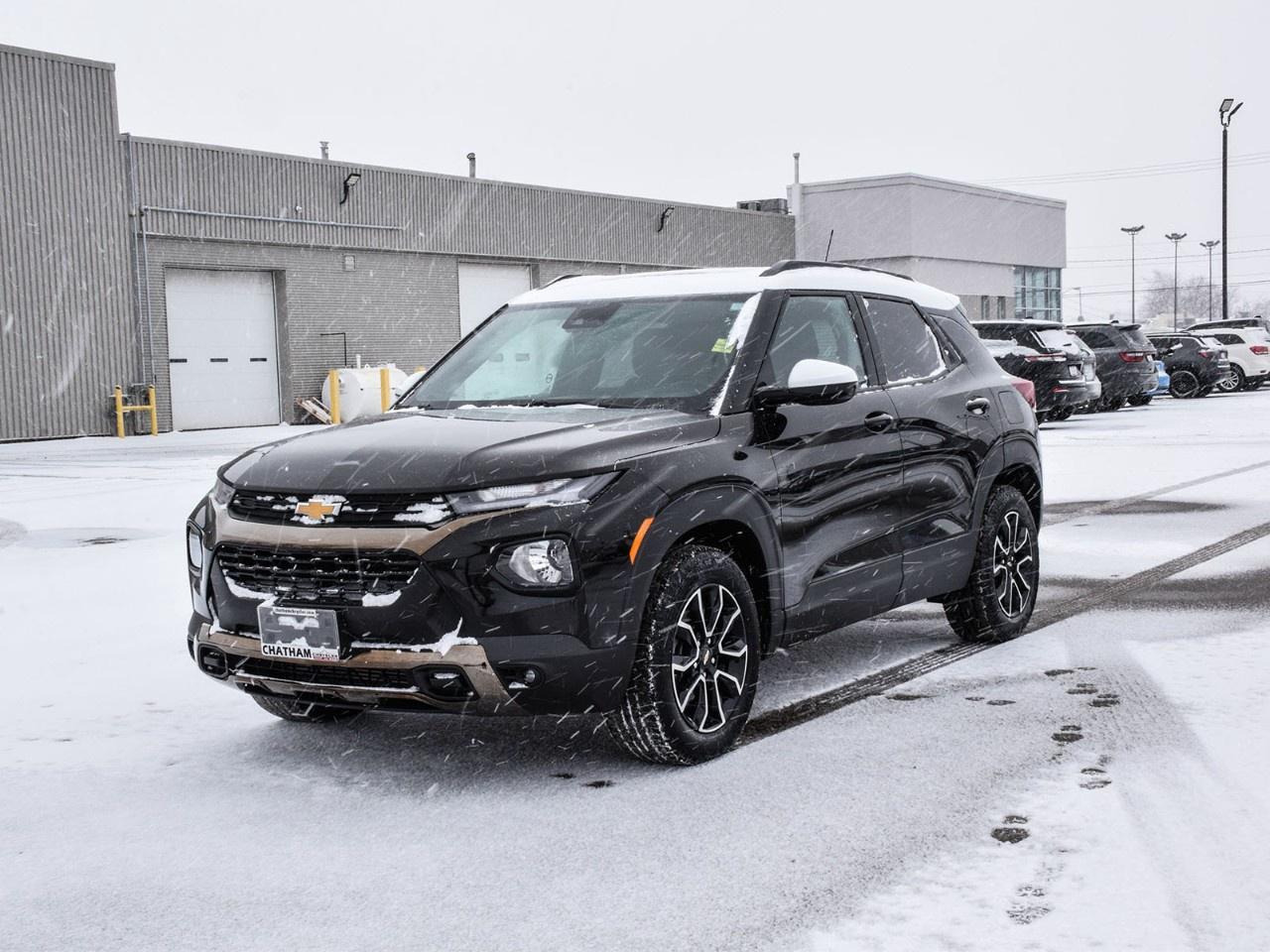 Meet Onyx.<br /><br />This 2023 Chevrolet TrailBlazer ACTIV is finished in Mosaic Black Metallic and has travelled well below the market average, making Onyx a standout in the compact SUV segment. Bold, confident, and sporty, Onyx blends modern styling with clever technology and all-weather capability, proving that small SUVs can make a big impression.<br /><br />Compact, capable, and full of personality.<br /><br />Onyx delivers an engaging drive without sacrificing practicality:<br /><br />1.3L turbocharged ECOTEC engine with 9-speed automatic transmission<br /><br />All-wheel drive for confident traction in all conditions<br /><br />Ride & Handling suspension tuned for balance and control<br /><br />Dual-pane panoramic power sunroof for an airy, open feel<br /><br />17''' high-gloss black machined aluminum wheels<br /><br />Responsive, fun to drive, and built to handle daily life with style.<br /><br />A cabin that puts you in command.<br /><br />Inside, Onyx balances comfort and usability:<br /><br />Heated front seats and heated steering wheel<br /><br />Leatherette seating surfaces with leather-wrapped shift knob and steering wheel<br /><br />8-way power driver seat<br /><br />Hands-free power programmable liftgate<br /><br />Single-zone automatic climate control<br /><br />Technology that keeps you connected.<br /><br />Onyx offers intuitive, modern features:<br /><br />8''' Chevrolet Infotainment 3 touchscreen<br /><br />Wireless Apple CarPlay & Android Auto<br /><br />SiriusXM radio<br /><br />Rear park assist and rear cross traffic alert<br /><br />120-volt power outlet and dual USB ports<br /><br />Safety and confidence included.<br /><br />Lane change alert with side blind zone alert<br /><br />Electronic stability control and traction control<br /><br />Brake assist and cabin humidity sensor<br /><br />Driver Confidence Package for added peace of mind<br /><br />Presence that stands out.<br /><br />With Mosaic Black Metallic paint, black accents, and a sleek profile, Onyx looks ready for the city streets or weekend adventures. Compact yet commanding, stylish yet functional.<br /><br />Onyx in one sentence:<br /><br />A bold, feature-packed compact SUV with all-wheel drive, sporty style, and modern technology, built for drivers who want confidence and versatility in one sleek package.<br /><br />Here at Chatham Chrysler, our Financial Services Department is dedicated to offering the service that you deserve. We are experienced with all levels of credit and are looking forward to sitting down with you. Chatham Chrysler Proudly serves customers from London, Ridgetown, Thamesville, Wallaceburg, Chatham, Tilbury, Essex, LaSalle, Amherstburg and Windsor with no distance being ever too far! At Chatham Chrysler, WE CAN DO IT!