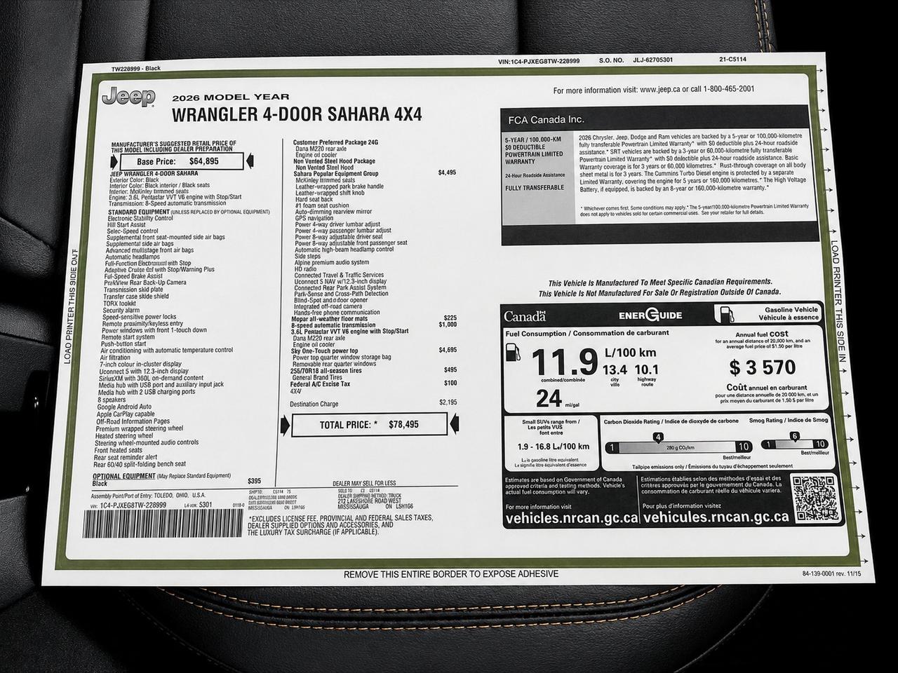 2026 Jeep Wrangler SAHARA 4DR | Sky-Top | Leather | 18" Alloys | Nav Photo
