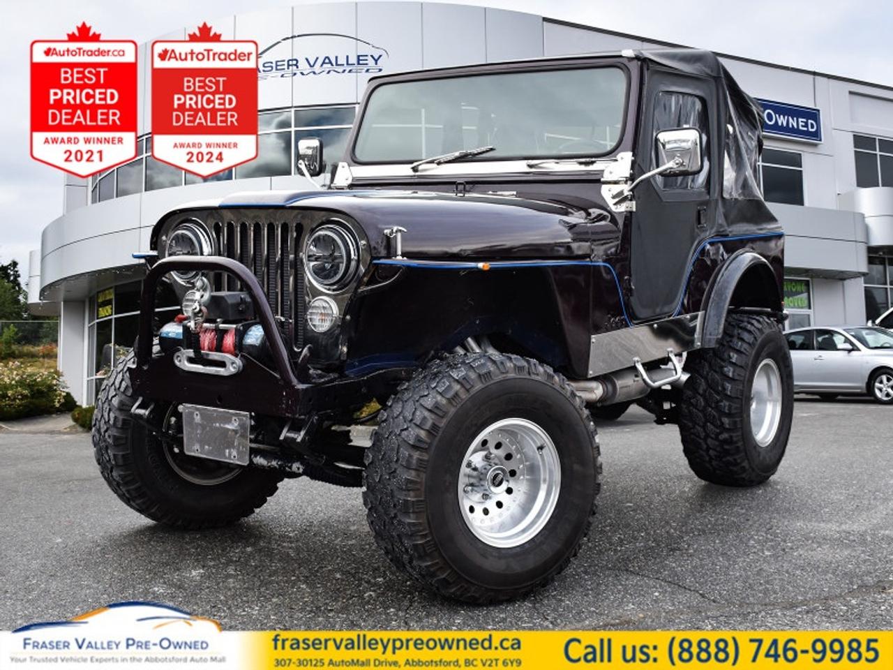 1977 JEEP CJ-5 - 350 SMALL-BLOCK V8 - CUSTOM BUILD - SOFT TOP - WINCH - 8,400 KM SINCE RESTO
350 V8, new engine and transmission, power winch, American Racing wheels, custom dash and gauges, soft top
 
Fraser Valley Pre-Owned is proud to present this 1977 Jeep CJ-5 - a purpose-built, enthusiast-owned restomod that has been turned into exactly what a CJ-5 always wanted to be. Finished in deep black with blue pinstripe accents and sitting on American Racing wheels wrapped in 33x12 rubber, this thing looks the part before you even open the door. Under the hood is a 350 small-block V8 paired to a new transmission, with an electric fuel pump, upgraded exhaust, and power steering making it as enjoyable to drive as it is to look at. Just 8,400 km since the full restoration. The custom interior tells the real story - Cobalt gauge cluster, hand-built wood centre console, aftermarket head unit, black bucket seats, blue accent detailing throughout, and a front-mounted power winch ready for wherever you point it. The tailgate says Comin In Hot - and honestly, its not wrong.
 
Highlights
 
1977 Jeep CJ-5
350 small-block V8
New engine and transmission
8,400 km since full restoration
Power steering
Electric fuel pump
Upgraded exhaust system
Front-mounted power winch
Soft top
American Racing wheels
33x12 off-road tires
Cobalt aftermarket gauge cluster
Custom hand-built wood centre console
Black bucket seats with leather appointments
Aftermarket head unit
Blue accent stripe and interior detailing
Round LED headlights
Custom dash
Roll bar
Chrome exterior accents
 
Restoration Notes
 
Restoration Notes
 
Comprehensive enthusiast build with performance and style upgrades throughout. Mileage reflects post-restoration use only. This vehicle is sold as-is and will require a full provincial inspection and stamp prior to being road legal. Buyer is responsible for all associated inspection costs and any additional compliance requirements. No seatbelts are currently installed. The 4WD transfer case is not operational. Priced accordingly and represented honestly - what you see in the photos is exactly what you get. 
 
Trades welcome.
Finance and warranty options available for all types of credit situations.
 
Dealership:
Fraser Valley Pre-Owned doesnt stock vehicles like this every day - and thats exactly why this one made the cut. Were the only dedicated pre-owned store inside the Fraser Valley Automall, multiple-time AutoTrader Lowest Priced Dealer, and proud 2025 Canadian Consumer Choice Award recipients for Pre-Owned Auto Dealership of the Year. If this is your kind of vehicle, you already know it. Come see it in person.
 
307-30125 Auto Mall Drive, Abbotsford, BC V2T 6Y9
Fraser Valley Automall
www.fraservalleypreowned.ca
 
All finance/lender options available - cash purchases welcome
 
 

| Our Quality Guarantee: We maintain the highest standard of quality that is required for a Pre-Owned Dealership to operate in an Auto Mall. We provide an independent 360-degree inspection report through licensed 3rd Party mechanic shops. Thus, our customers can rest assured each vehicle will be a reliable, and responsible purchase.  |  Purchase Disclaimer: Your selected vehicle may have a differing finance and cash prices. When viewing our vehicles on third party  marketplaces, please click over to our website to verify the correct price for the vehicle. The Sale Price on third party websites will always reflect the Finance Price of our vehicles. If you are making a Cash Purchase, please refer to our website for the Cash Price of the vehicle.  | All prices are subject to and do not include, a $995 Finance Fee, a $995 Document Fee, and a $499 GPS Lot Pack. VSA Security Fee of $10 is applicable as we are a Certified VSA Dealer (#40190).  These fees as well as taxes, are included in all listed listed payment quotes. Please speak with Dealer for full details and exact numbers.  o~o