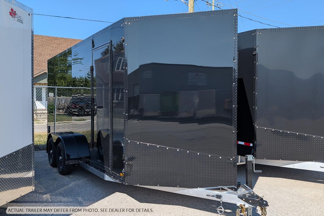<p>2025&nbsp;Canadian Trailer Company 7x16&nbsp;Aluminum Tandem Axle Cargo Trailer</p><p><strong>Trailer Features:&nbsp;</strong></p><ul><li>Height: 7</li><li>3500 lb Dropped Axles</li><li>Rear Ramp Door&nbsp;</li><li>Blackout Trim Package</li><li>Black Aluminum Wheels</li><li>Warp-resistant Composite Cladding</li><li>Transition flap&nbsp;</li><li>Aluminum Bar Lock with Stainless Steel Hasps (on rear doors & man door)</li><li>8000 lb Side-mount Jack</li><li>GPS Tracker with 1-year subscription</li><li>Weight: 981 kg&nbsp;</li></ul><p><strong>What makes a Canadian Trailer Company cargo trailer better than the competition?</strong></p><ul><li>HD 3/16 A-frame&nbsp;<strong>STANDARD&nbsp;</strong>&ndash;&nbsp;<strong>50% THICKER</strong>&nbsp;plus centre pole&nbsp;<strong>STANDARD&nbsp;</strong>(Competition: 1/8&rdquo; A-frame)</li><li>Side runners extend to back wheel wells&nbsp;<strong>STANDARD&nbsp;</strong>(Competition: N/A)</li><li>HD &frac12;&rdquo; A-frame plate with Heavy Duty Clevis & Grade 7 chains/hooks&nbsp;<strong>STANDARD&nbsp;</strong>(Competition: No A-frame plate, industry standard chain/hooks, no clevis)</li><li>Roof, walls & floor - studs 16&rdquo; on centre , 1/8&rdquo; tube&nbsp;<strong>STANDARD &ndash; built for Canadian snow load</strong>&nbsp;(Competition: studs 16&rdquo;-24&rdquo; roof, walls, floor)</li><li>Ramp Door included&nbsp;<strong>STANDARD&nbsp;</strong>(Competition: Upgrade cost $$$)</li><li>Stainless Steel screws, nuts, bolts, washers&nbsp;<strong>STANDARD&nbsp;</strong>&ndash; where applicable (Competition: Steel)</li><li>Interior &ndash; &frac12;&rdquo; plywood walls, &frac34;&rdquo; plywood floor, finished one side&nbsp;<strong>STANDARD&nbsp;</strong>(Competition: 3/8&rdquo; Drymax/Chipboard walls & &frac34;&rdquo; Drymax/Chipboard floor)</li><li>All interior trimmed out &ndash; floor, ceiling, corners&nbsp;<strong>STANDARD&nbsp;</strong>(Competition: no trim on most)</li><li>45-degree angle nose - excellent fuel economy&nbsp;<strong>STANDARD&nbsp;</strong>(Competition: Short/flat nose)</li><li>Screwless smooth exterior cladding&nbsp;<strong>STANDARD&nbsp;</strong>(Competition: Cladding full of screws/rivets that pop/rust)</li><li>3 Year limited warranty&nbsp;<strong>STANDARD&nbsp;</strong>(Competition: most 1 year)</li><li>Buy direct from the manufacturer &ndash; no added expense pushed to the customer (Competition: Dealer/Distributor/Broker)</li></ul><p><em>Taxes and licensing fees are additional. This trailer is currently located at Canadian Trailer Company factory, Goderich.</em></p>
