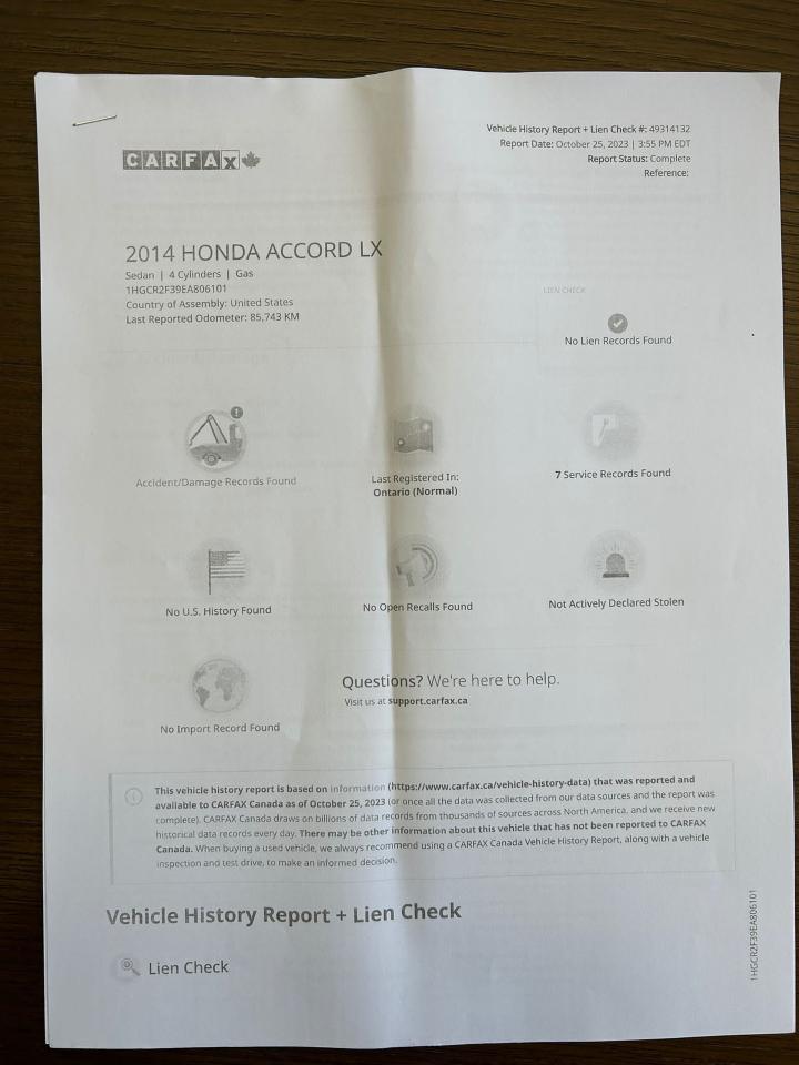 2014 Honda Accord Sedan 4dr I4 CVT LX LOW KM only96407KMS Certified Photo