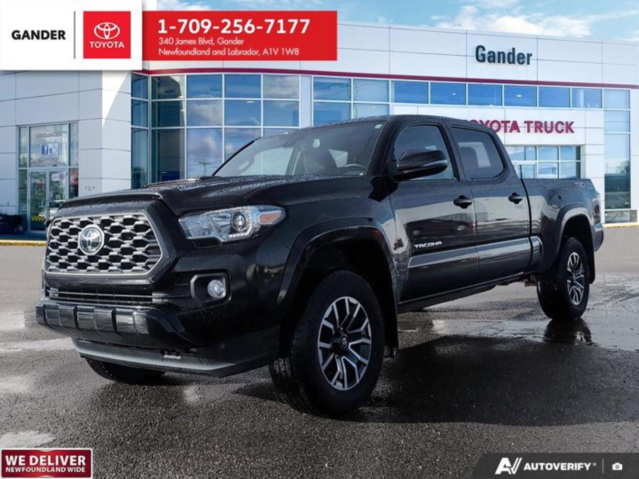 New Price!Recent Arrival!2023 Toyota Tacoma TRD Sport 6-Speed Automatic 4WD 3.5L V6 DOHC 24V LEV3-ULEV70 278hpBlackOdometer is 18150 kilometers below market average!ALL CREDIT APPLICATIONS ACCEPTED! ESTABLISH OR REBUILD YOUR CREDIT HERE. APPLY AT https://steeleadvantagefinancing.com/?dealer=7148 We know that you have high expectations in your car search in NL. So, if youre in the market for a pre-owned vehicle that undergoes our exclusive inspection protocol, stop by Gander Toyota. Were confident we have the right vehicle for you. Here at Gander Toyota, we enjoy the challenge of meeting and exceeding customer expectations in all things automotive.**Market Value Pricing**, Double Cab 6ft Bed, 4WD, 400 Watt (120V) Cargo Bed Power Outlet, 8-Way Power Adjustable Driver Seat, Active Cruise Control, Anti-Theft Alarm System, Apple CarPlay/Android Auto, Auto High-beam Headlights, Dual Zone Automatic Climate Control, Electrochromic Rear-View Mirror, Exterior Parking Camera Rear, Heated Front Seats, Hood Scoop, Leather Wrapped Shift Knob, Leather Wrapped Steering Wheel, LED Daytime Running Lights, Power Sliding Rear Window, Power Windows w/Driver Auto Down/Up, Radio: Premium Audio w/Remote, Sliding Sun Visors w/Illuminated Mirrors, Smart Key w/Push Button Start, Sport Tuned Shock Absorbers, Sport Tuned Suspension, Tacoma TRD Sport Package, Tire Pressure Monitoring System, TRD Grade Fabric Seat Trim.Toyota Certified Details:* 24-hour Roadside Assistance* Zero Deductible / Complimentary First Oil & Filter Change (6 mos/8,000 km, whichever comes first) / Warranty Honoured at over 1,500 Toyota Dealers in Canada and the U.S. / CARFAX Vehicle History Reports* Special Toyota Financing Rates: 24 months - 6.09%, 36 months - 6.14%, 48 months - 6.19%, 60 months - 6.25%, 72 months - 6.40%* 160-point inspection* 6 months / 10,000 km Powertrain. Optional Extra Care Protection. $0 Deductible* 7 days / 1,500 kms Exchange PrivilegeSteele Auto Group is the most diversified group of automobile dealerships in Atlantic Canada, with 34 dealerships selling 27 brands and an employee base of over 1000. Sales are up by double digits over last year and the plan going forward is to expand further into Atlantic Canada. PLEASE CONFIRM WITH US THAT ALL OPTIONS, FEATURES AND KILOMETERS ARE CORRECT.