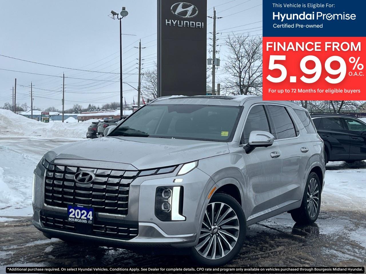 <p>Experience the unparalleled luxury of the 2024 Hyundai Palisade Ultimate Calligraphy 7-Passenger AWD in a stunning silver finish. This remarkable SUV combines impeccable styling with robust all-wheel drive capabilities, ensuring confident handling across diverse terrains.</p><p>The Palisade's sleek silver exterior is perfectly complemented by its sophisticated black leather interior, offering both elegance and comfort. Its lavish design includes a panoramic sunroof, stylish alloy wheels, and a refined silhouette that captures attention on the road.</p><p>Technology enthusiasts will appreciate the state-of-the-art navigation system, heads-up display, and smart device integration, ensuring connectivity and convenience at every turn. The vehicle also boasts a suite of safety features, including lane assist, brake assist, and adaptive cruise control, to enhance your driving confidence.</p><p>Tailored for families and individuals seeking a combination of luxury and practicality, the Palisade caters to all your needs with its 7-passenger seating and advanced features. Contact us today to learn how the 2024 Hyundai Palisade can elevate your driving experience and offer unparalleled comfort and safety on all your journeys.</p> <p><strong>Why Choose the Bourgeois Auto Group?</strong></p><p>For 80 years, Bourgeois Auto Group has been delivering exceptional automotive experiences. Our factor trained teams work to ensure you receive the shopping experience you deserve; whether you're looking for a new or new-to-you vehicle.</p><p>Shop 24/7 with our online showroom and chat service, ensuring convenience every step of the way. No hidden fees, full disclosure, and every pre-owned vehicle comes with a Carfax® report for peace of mind.</p><p>We offer a wide selection of pre-owned vehicles, all competitively priced using real-time market data. Get the best deal on your purchase and trade-in with our free Live Market Analysis report.</p><p>Looking to sell your car? We buy any make or modelno purchase required. Our simple to use online trade valuation tool will provide you with a clear, transparent selling experience whether you buy our car or not.</p><p>Backed by hundreds dedicated employees across 4 convenient locations, were here to meet all your automotive needs. Visit us in Midland or Parry Sound and explore our inventory or schedule your next service today.</p> <p><strong>Financing Your Next Vehicle with Bourgeois Midland Hyundai:</strong></p><p>At Bourgeois Midland Hyundai, we make financing your next vehicle simple and stress-free! Our team works with trusted lenders to find flexible options tailored to your budget. Drive away with confidenceapply today!</p><p>Take advantage of our online pre-qualification tool, backed by Equifax and TD Bank to find the payment that works for you. Simply <a href=https://www.bourgeoishyundai.com/pre-qualify-for-financing/ rel=nofollow><strong>CLICK HERE</strong></a> to use our secure online credit tool with no impact to your credit. </p>