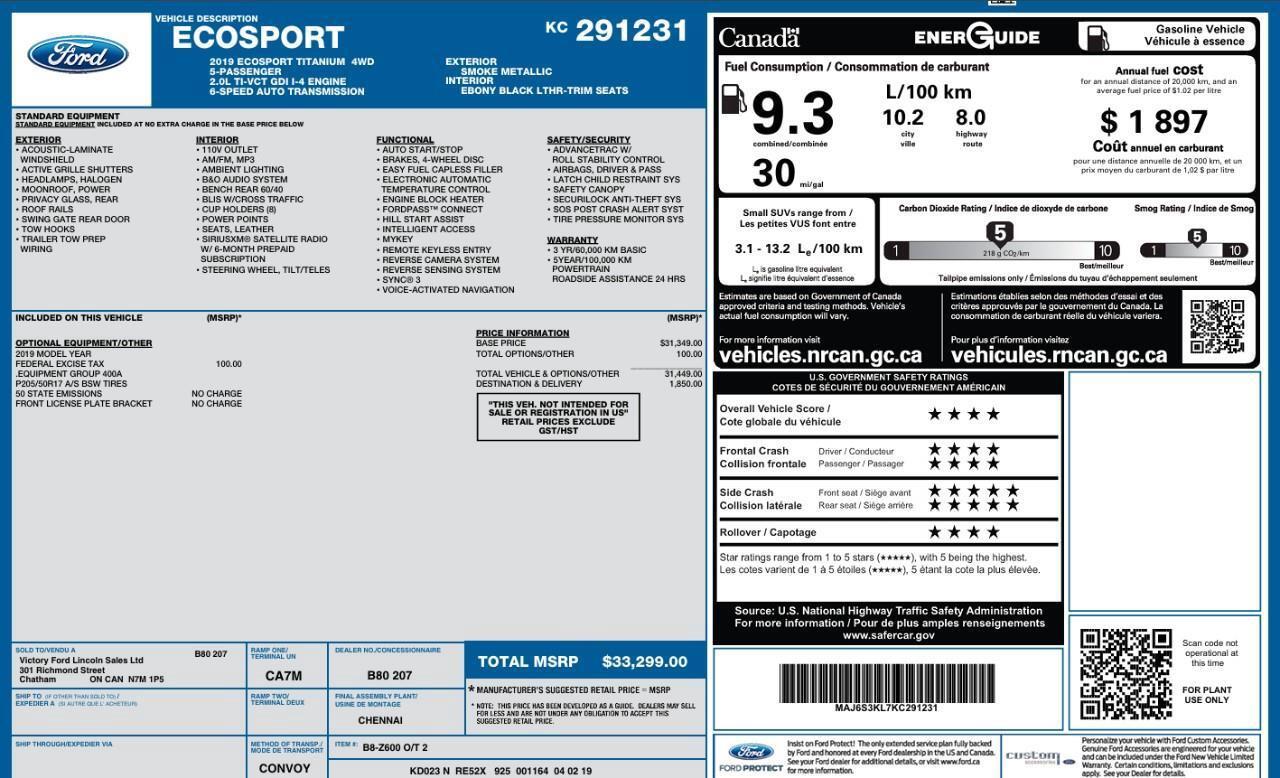 2019 Ford EcoSport Titanium B&O Sound System   Heated Leather Seats Photo