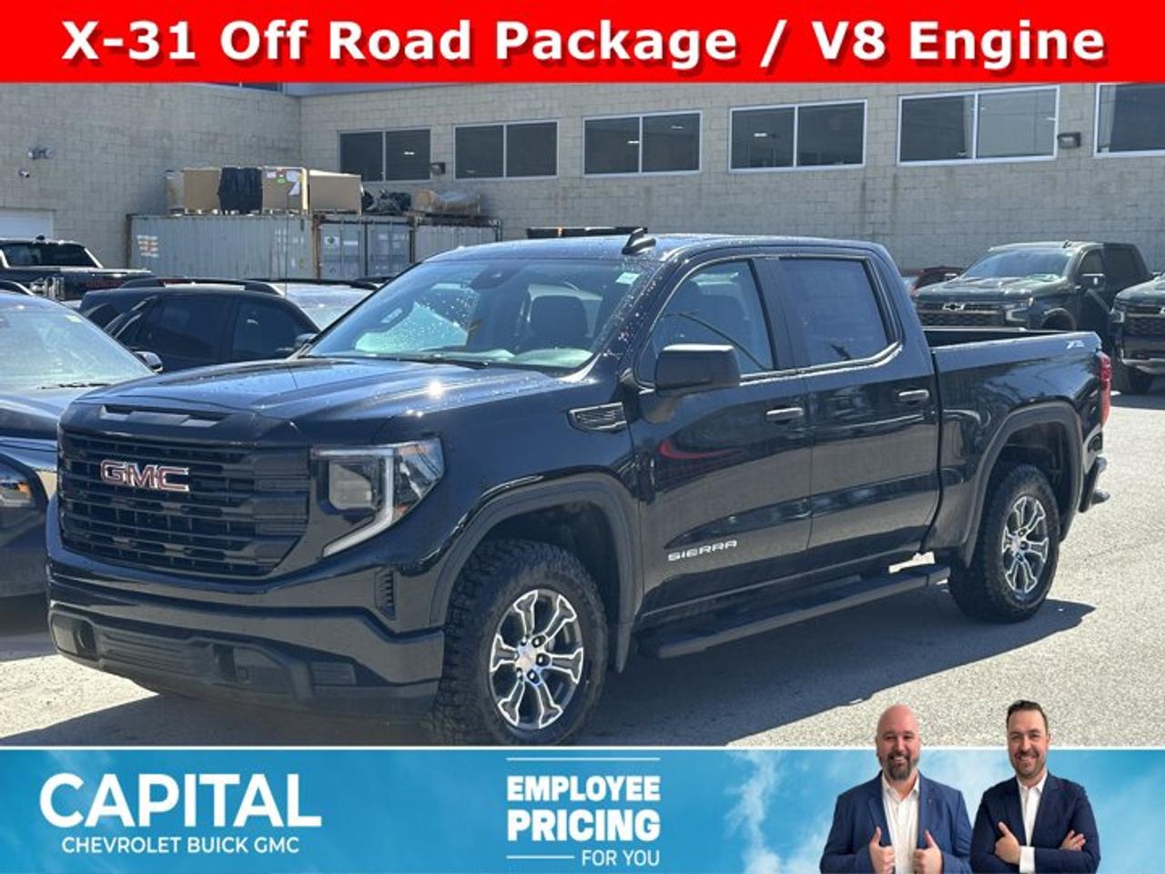 This GMC Sierra 1500 boasts a Gas V8 5.3L/325 engine powering this Automatic transmission. X31 OFF-ROAD PACKAGE includes Off-Road suspension, (JHD) Hill Descent Control, (NZZ) skid plates, (K47) heavy-duty air filter and X31 hard badge Includes (G80) auto-locking rear differential and (NQH) 2-speed transfer case., WHEELS, 18 X 8.5 (45.7 CM X 21.6 CM) 6-SPOKE MACHINED ALUMINUM with Dark Grey Metallic accents, TRANSMISSION, 10-SPEED AUTOMATIC, (COLUMN SHIFTER) ELECTRONICALLY CONTROLLED with overdrive and tow/haul mode. Includes Cruise Grade Braking and Powertrain Grade Braking.*This GMC Sierra 1500 Comes Equipped with These Options *PRO VALUE PACKAGE includes (PCI) Convenience Package and (Z82) Trailering Package , TIRES, LT275/65R18C BLACKWALL GOODYEAR WRANGLER TERRITORY MT, REAR AXLE, 3.23 RATIO, PRO PREFERRED EQUIPMENT GROUP includes standard equipment, LPO, CARGO TIE-DOWNS, (4) (dealer-installed), LPO, ALL-WEATHER FLOOR LINER, 1ST AND 2ND ROWS (dealer-installed), GVWR, 7100 LBS. (3221 KG), FLOOR COVERING, COLOUR-KEYED CARPETING Includes (B32) front floor mats and (B33) rear floor mats on Crew Cab and Double Cab models.), ENGINE, 5.3L ECOTEC3 V8 (355 hp [265 kW] @ 5600 rpm, 383 lb-ft of torque [518 Nm] @ 4100 rpm); featuring Dynamic Fuel Management (Includes (KW7) 170-amp alternator and (MHT) 10-speed automatic transmission., ENGINE BLOCK HEATER.* Visit Us Today *A short visit to Capital Chevrolet Buick GMC Inc. located at 13103 Lake Fraser Drive SE, Calgary, AB T2J 3H5 can get you a reliable Sierra 1500 today!