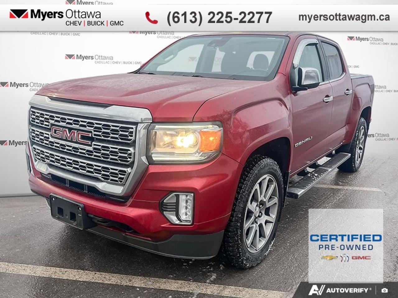 Compare at $38105 - Myers Cadillac is just $36995! <br> <br>JUST IN - 2021 CANYON DENALI - RED ON COCOA LEATHER, HEATED SEATS, 4WD, HEATED STEERING WHEEL, ALLOYS, REMOTE START, AC SEATS, LED LIGHTS, SPRAY IN LINER, BLIND ZONE ALERT, NAV, CARPLAY, CERTIFIED, NON SMOKER,. ONE OWNER, CLEAN CARFAX. <br> <br>To apply right now for financing use this link: <a href=https://creditonline.dealertrack.ca/Web/Default.aspx?Token=b35bf617-8dfe-4a3a-b6ae-b4e858efb71d&Lang=en target=_blank>https://creditonline.dealertrack.ca/Web/Default.aspx?Token=b35bf617-8dfe-4a3a-b6ae-b4e858efb71d&Lang=en</a><br><br> <br/>Certified Pre-Owned Vehicles. Instead of worries our vehicles come with a 150+ point inspection and a 30 day / 2,500kms Vehicle Exchange Privilege. Buy with confidence! <br> <br/><br>All prices include Admin fee and Etching Registration, applicable Taxes and licensing fees are extra.<br>*LIFETIME ENGINE TRANSMISSION WARRANTY NOT AVAILABLE ON VEHICLES WITH KMS EXCEEDING 140,000KM, VEHICLES 8 YEARS & OLDER, OR HIGHLINE BRAND VEHICLE(eg. BMW, INFINITI. CADILLAC, LEXUS...)<br> Come by and check out our fleet of 60+ used cars and trucks and 180+ new cars and trucks for sale in Ottawa.  o~o