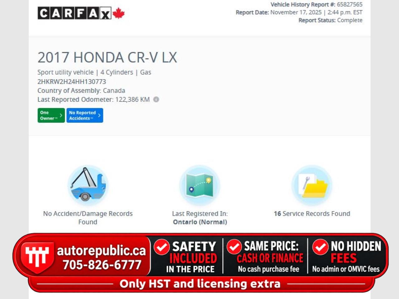 2017 Honda CR-V LX AWD Certified One Owner No Accidents Photo