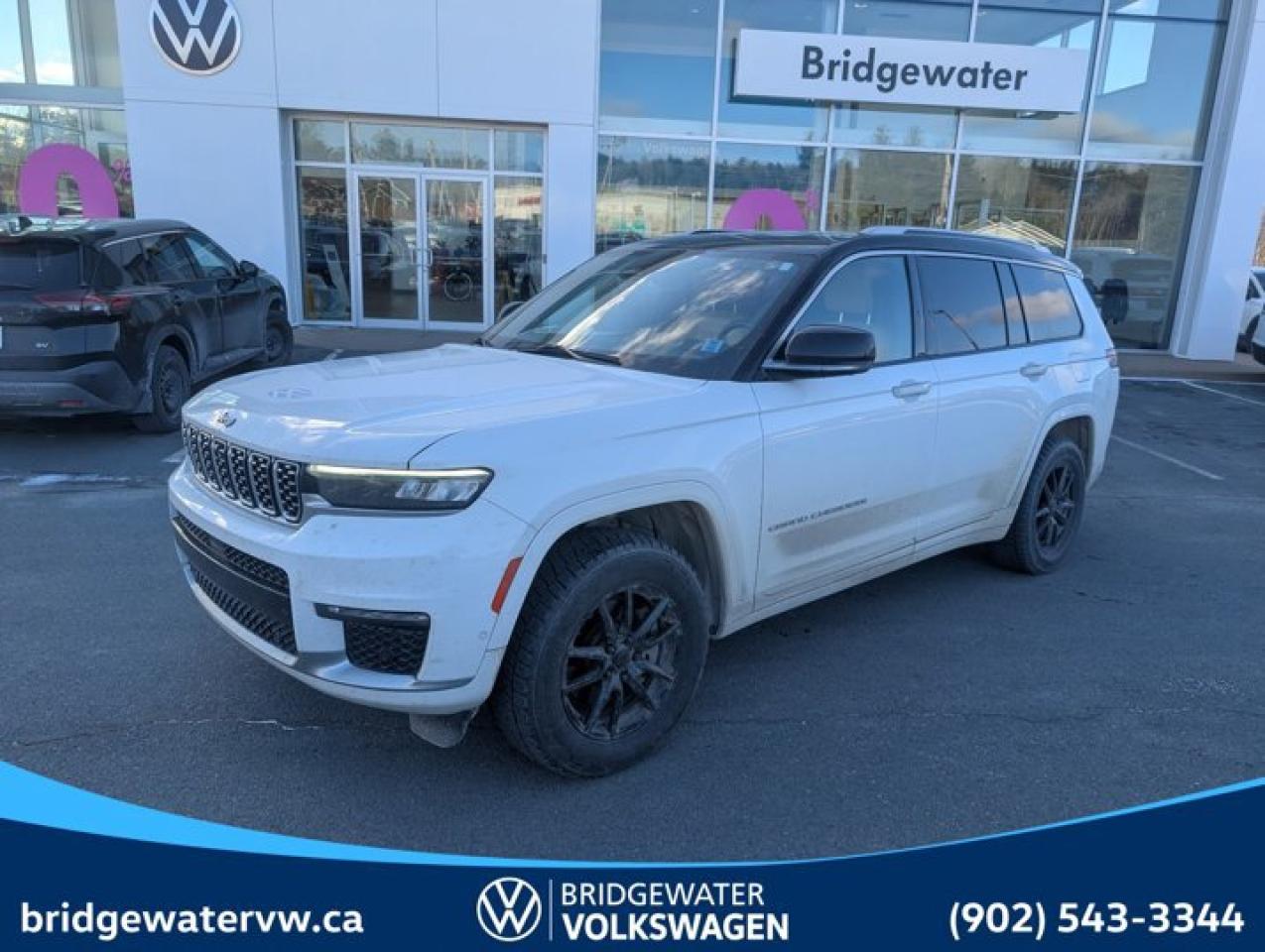 New Price! Bright White Clearcoat 2021 Jeep Grand Cherokee L Summit Apple CarPlay | Android Auto | Sirus XM | Steele Certified 4WD 8-Speed Automatic Pentastar 3.6L V6 VVT Bridgewater Volkswagen, Located in Bridgewater Nova Scotia.10 Speakers, 19 Speaker McIntosh Audio System, 2nd Row Manual Window Shades, 3.45 Rear Axle Ratio, 3rd row seats: split-bench, 4-Wheel Disc Brakes, ABS brakes, Adaptive suspension, Air Conditioning, Air Suspension Delete Credit, Alloy wheels, AM/FM radio: SiriusXM w/360L, Anti-whiplash front head restraints, Apple CarPlay/Android Auto, Audio memory, Auto High-beam Headlights, Auto-dimming door mirrors, Auto-dimming Rear-View mirror, Automatic temperature control, Block heater, Brake assist, Bumpers: body-colour, Compass, Delay-off headlights, Driver door bin, Driver vanity mirror, Dual front impact airbags, Dual front side impact airbags, Electronic Stability Control, Four wheel independent suspension, Front anti-roll bar, Front Bucket Seats, Front dual zone A/C, Front fog lights, Front reading lights, Fully automatic headlights, Garage door transmitter, Genuine wood dashboard insert, Genuine wood door panel insert, Heated door mirrors, Heated front seats, Heated rear seats, Heated steering wheel, Illuminated entry, Knee airbag, Leather steering wheel, Low tire pressure warning, Luxury Tech Group V, Memory seat, Nappa Leather-Faced Seats, Navigation System, Normal Duty Suspension, Occupant sensing airbag, Outside temperature display, Overhead airbag, Overhead console, Panic alarm, Passenger door bin, Passenger vanity mirror, Power door mirrors, Power driver seat, Power Liftgate, Power moonroof: CommandView, Power passenger seat, Power steering, Power windows, Quick Order Package 22S Summit, Radio data system, Radio: Uconnect 5 Nav w/10.1 Display, Rain sensing wipers, Rear air conditioning, Rear anti-roll bar, Rear dual zone A/C, Rear reading lights, Rear window defroster, Rear window wiper, Reclining 3rd row seat, Remote keyless entry, Roof rack: rails only, Security system, Speed control, Speed-Sensitive Wipers, Split folding rear seat, Spoiler, Steering wheel memory, Steering wheel mounted audio controls, Tachometer, Telescoping steering wheel, Tilt steering wheel, Traction control, Trailer Hitch Zoom, Trailer Tow Prep Group, Trip computer, Turn signal indicator mirrors, Variably intermittent wipers, Ventilated front seats, Voltmeter, Wheels: 20 x 8.5 Fully Polished Aluminum, Wireless Charging Pad.Certification Program Details: 150 Points Inspection Fresh Oil Change Free Carfax Full Detail 2 years MVI Full Tank of Gas The 150+ point inspection includes: Engine Instrumentation Interior components Pre-test drive inspections The test drive Service bay inspection Appearance Final inspection