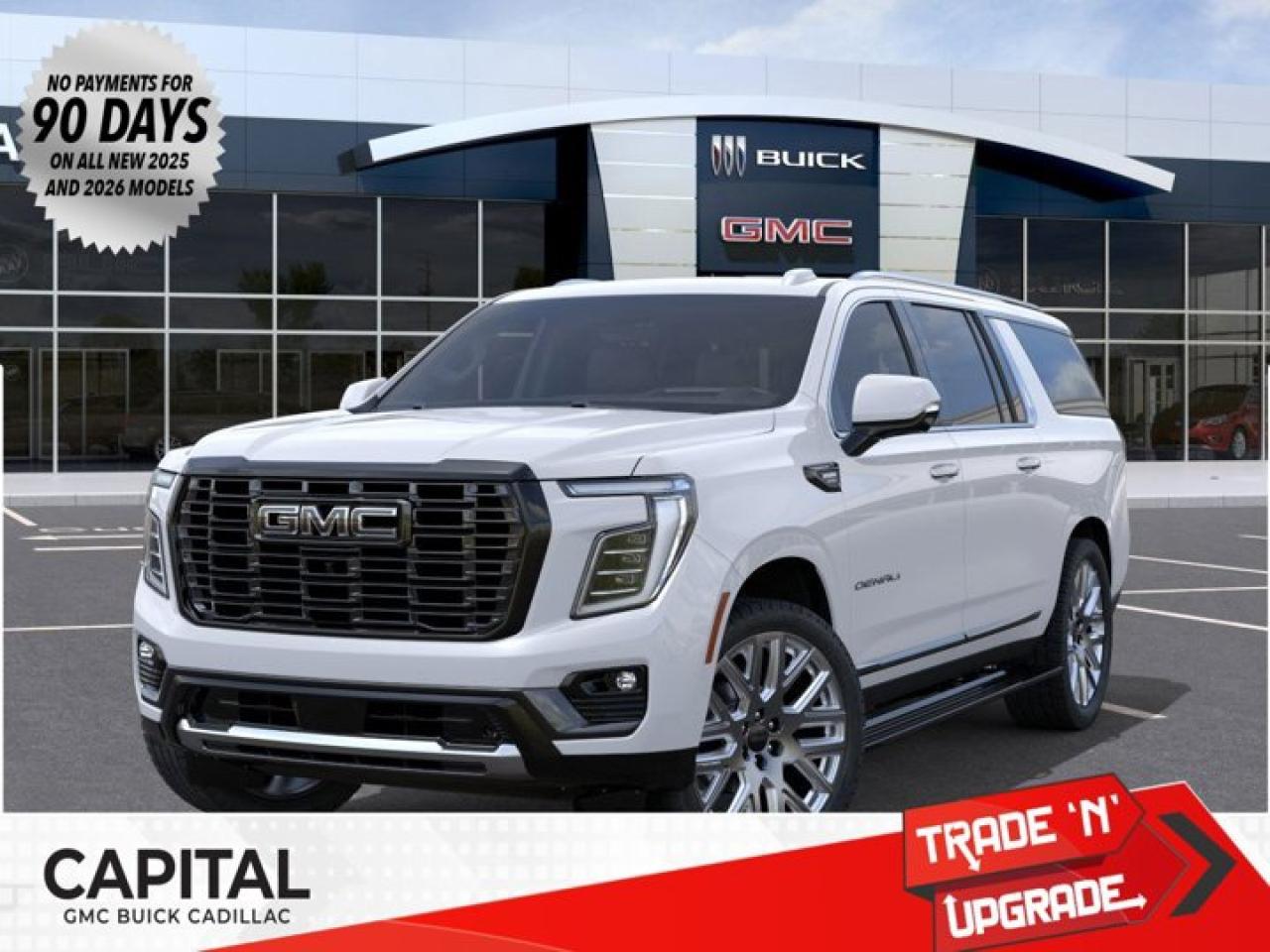 This 2026 GMC Yukon XL in Glacier White Tricoat is equipped with 4WD and Turbo Diesel 3.0L/ engine.The GMC Yukon is designed with power and purpose. Bold exterior styling cues and refined details give it an unmistakable presence on the road. From its three-dimensional grille, advanced lighting and stylish wheels to its active grille shutters, rainsense front wipers and hidden rear wiper, youll find innovative features both inside and out. With seating for up to nine, premium materials and inspiring capability, this SUV offers a perfect blend of craftsmanship, comfort and functionality. The interior features optional heated and ventilated seats, heated steering wheel, a quiet cabin, keyless open and start and climate controls. Not to mention the innovative seating and storage, from third-row power fold flat seats and second-row power-release fold and tumble seats to a large center console, articulating screen with hidden storage and 1113 L /39.3 cu. ft. (XL model; Yukon 433 L /15.3 cu. ft.) of cargo space behind the third row. The Yukon comes with 5.3L V-8 EcoTec3 Engine, can tow up to 3856 KG (8500 LB.) And to deliver a refined, solid and smooth drive, youll find hydraulic mounts, improved handling and automatic locking rear differential. Technology and infotainment innovations let you stay conveniently connected and in control, with features like multiple USB ports and an 8-inch infotainment system with available navigation. Not to mention a customizable driver information center, rear vision camera, rear seat reminder and access to the myGMC app. This SUV is equipped with an array of available advanced safety features to help prepare you for the unexpected, including available forward collision alert, low speed forward automatic braking, front and rear park assist, and much more.Key features of the Yukon Denali include: 6.2L EcoTec3 V8 engine with 420 hp and 460lb.-ft of torque, 10-speed automatic transmission, Premium Denali styling, Magnetic Ride Control, Available power-retractable assist steps with perimeter lighting, HID Headlamps with LED signature daytime running lamps, Heated and ventilated 12-way power-adjustable driver and front-passenger bucket seats, Heated second-row bucket seats, Leather-wrapped heated steering wheel, 8 customizable driver display and multi-color Head-Up Display, Bose CenterPoint Premium Audio System, Bose Active Noise Cancellation, and Available 22 wheels.Check out this vehicles pictures, features, options and specs, and let us know if you have any questions. Helping find the perfect vehicle FOR YOU is our only priority.P.S...Sometimes texting is easier. Text (or call) 306-801-9090 for fast answers at your fingertips!Dealer License #914248Disclaimer: All prices are plus taxes & fees. See dealer for Details. Dealer Permit # 914248 See dealer for Details.