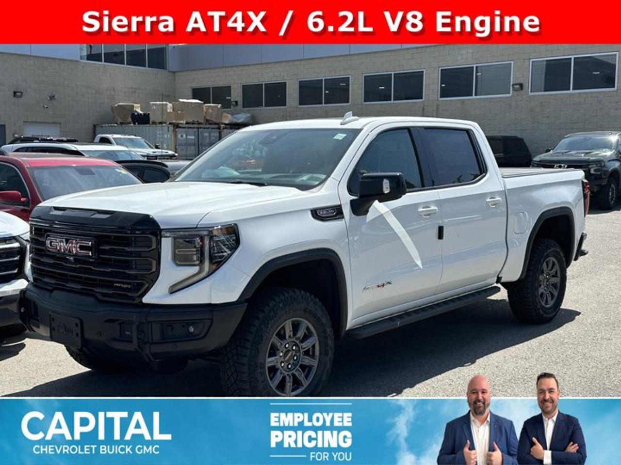 Scores 15 Highway MPG and 17 City MPG! This GMC Sierra 1500 delivers a Gas V8 6.2L/376 engine powering this Automatic transmission. TRANSMISSION, 10-SPEED AUTOMATIC WITH ELECTRONIC PRECISION SHIFT, ELECTRONICALLY CONTROLLED with overdrive, and tow/haul mode and steering column paddle shifters. Includes Cruise Grade Braking and Powertrain Grade Braking, REAR AXLE, 3.23 RATIO, LPO, SPORT PEDAL COVER KIT (dealer-installed).*This GMC Sierra 1500 Comes Equipped with These Options *LPO, OFF-ROAD HIGH CLEARANCE STEPS (dealer-installed), LPO, GMC MULTIPRO TAILGATE STEP LIGHTS (dealer-installed), LPO, CARGO TIE-DOWNS, (4) (dealer-installed), LICENSE PLATE KIT, FRONT, GVWR, 7100 LBS. (3221 KG), ENGINE, 6.2L ECOTEC3 V8 (420 hp [313 kW] @ 5600 rpm, 460 lb-ft of torque [624 Nm] @ 4100 rpm); featuring Dynamic Fuel Management, ENGINE BLOCK HEATER, AT4X PREFERRED EQUIPMENT GROUP includes standard equipment, ACTIVE EXHAUST, DUAL, SPORT-MODE ENABLED, 3 YEARS SIRIUSXM.* Stop By Today *For a must-own GMC Sierra 1500 come see us at Capital Chevrolet Buick GMC Inc., 13103 Lake Fraser Drive SE, Calgary, AB T2J 3H5. Just minutes away!