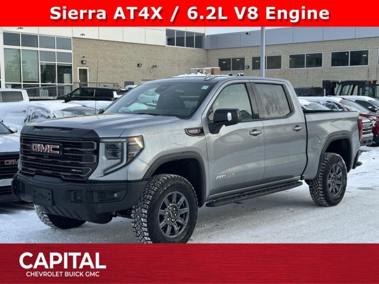 Scores 15 Highway MPG and 17 City MPG! This GMC Sierra 1500 delivers a Gas V8 6.2L/376 engine powering this Automatic transmission. TRANSMISSION, 10-SPEED AUTOMATIC WITH ELECTRONIC PRECISION SHIFT, ELECTRONICALLY CONTROLLED with overdrive, and tow/haul mode and steering column paddle shifters. Includes Cruise Grade Braking and Powertrain Grade Braking, REAR AXLE, 3.23 RATIO, LPO, SPORT PEDAL COVER KIT (dealer-installed).*This GMC Sierra 1500 Comes Equipped with These Options *LPO, OFF-ROAD HIGH CLEARANCE STEPS (dealer-installed), LPO, CARGO TIE-DOWNS, (4) (dealer-installed), LICENSE PLATE KIT, FRONT, GVWR, 7100 LBS. (3221 KG), ENGINE, 6.2L ECOTEC3 V8 (420 hp [313 kW] @ 5600 rpm, 460 lb-ft of torque [624 Nm] @ 4100 rpm); featuring Dynamic Fuel Management, ENGINE BLOCK HEATER, AT4X PREFERRED EQUIPMENT GROUP includes standard equipment, ACTIVE EXHAUST, DUAL, SPORT-MODE ENABLED, 3 YEARS SIRIUSXM, Wireless, Apple CarPlay / Wireless Android Auto.* Visit Us Today *Test drive this must-see, must-drive, must-own beauty today at Capital Chevrolet Buick GMC Inc., 13103 Lake Fraser Drive SE, Calgary, AB T2J 3H5.