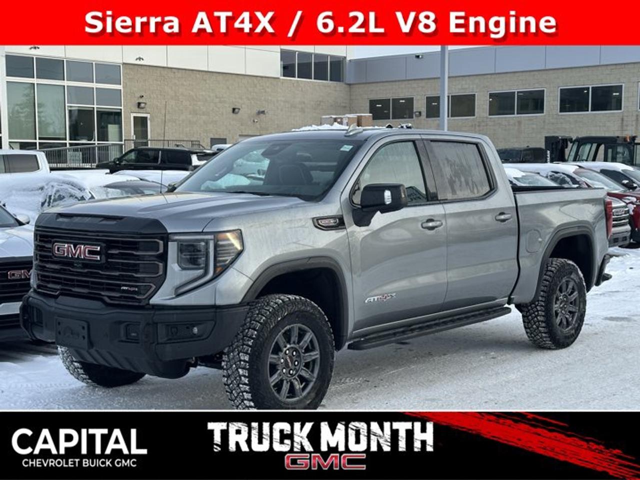 Scores 15 Highway MPG and 17 City MPG! This GMC Sierra 1500 delivers a Gas V8 6.2L/376 engine powering this Automatic transmission. TRANSMISSION, 10-SPEED AUTOMATIC WITH ELECTRONIC PRECISION SHIFT, ELECTRONICALLY CONTROLLED with overdrive, and tow/haul mode and steering column paddle shifters. Includes Cruise Grade Braking and Powertrain Grade Braking, REAR AXLE, 3.23 RATIO, LPO, SPORT PEDAL COVER KIT (dealer-installed).*This GMC Sierra 1500 Comes Equipped with These Options *LPO, OFF-ROAD HIGH CLEARANCE STEPS (dealer-installed), LPO, CARGO TIE-DOWNS, (4) (dealer-installed), LICENSE PLATE KIT, FRONT, GVWR, 7100 LBS. (3221 KG), ENGINE, 6.2L ECOTEC3 V8 (420 hp [313 kW] @ 5600 rpm, 460 lb-ft of torque [624 Nm] @ 4100 rpm); featuring Dynamic Fuel Management, ENGINE BLOCK HEATER, AT4X PREFERRED EQUIPMENT GROUP includes standard equipment, ACTIVE EXHAUST, DUAL, SPORT-MODE ENABLED, 3 YEARS SIRIUSXM, Wireless, Apple CarPlay / Wireless Android Auto.* Visit Us Today *Test drive this must-see, must-drive, must-own beauty today at Capital Chevrolet Buick GMC Inc., 13103 Lake Fraser Drive SE, Calgary, AB T2J 3H5.
