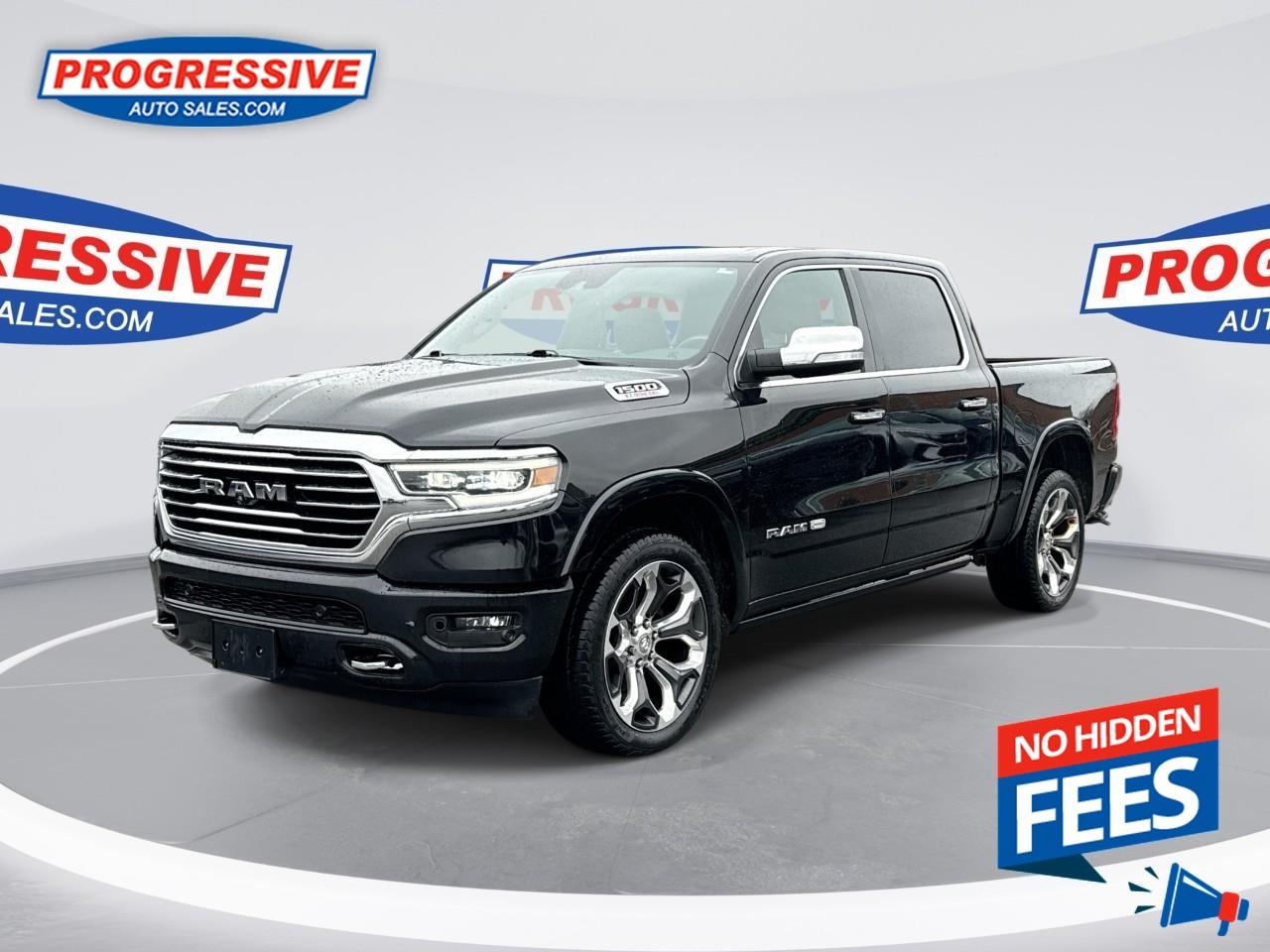 <b>Leather Seats, Cooled Seats, Heated Rear Seats, Remote Start, Heated Steering Wheel!</b><br /> <br /> Make light work of tough jobs with exceptional towing, torque and payload capability. This 2020 Ram 1500 is for sale today. <br /> <br />The Ram 1500 delivers power and performance everywhere you need it, with a tech-forward cabin that is all about comfort and convenience. Loaded with best-in-class features, it's easy to see why the Ram 1500 is so popular. With the most towing and hauling capability in a Ram 1500, as well as improved efficiency and exceptional capability, this truck has the grit to take on any task. This sought after diesel Regular Cab 4X4 pickup has 110,795 kms. It's Black in colour. It has a 8 Speed Automatic transmission and is powered by a smooth engine. <br /> <br /> Our 1500's trim level is Longhorn. Elevate to new heights in this Ram 1500 Longhorn that comes very well equipped with exclusive aluminum wheels and rugged styling, a heated leather steering wheel, heated and cooled premium leather seats, heated second row seats, and Uconnect 4 with a larger touchscreen that features a premium Alpine stereo system, Apple CarPlay, Android Auto, and built-in navigation. This stunning truck also comes with unique chrome accents, dual zone climate control, bi-functional LED headlights, front and rear Park-Sense sensors, power heated side mirrors, proximity keyless entry, a spray in bed liner, LED cargo area lights, power seats w/ memory, towing equipment, front fog lights, power adjustable pedals and so much more. This vehicle has been upgraded with the following features: Leather Seats, Cooled Seats, Heated Rear Seats, Remote Start, Heated Steering Wheel, Aluminum Wheels, Proximity Key. <br /> To view the original window sticker for this vehicle view this <a href=http://www.chrysler.com/hostd/windowsticker/getWindowStickerPdf.do?vin=1C6SRFKM0LN414962 target=_blank rel=nofollow noopener noreferrer>http://www.chrysler.com/hostd/windowsticker/getWindowStickerPdf.do?vin=1C6SRFKM0LN414962</a>. <br /><br /> <br />To apply right now for financing use this link: <a href=https://www.progressiveautosales.com/credit-application/ target=_blank rel=nofollow noopener noreferrer>https://www.progressiveautosales.com/credit-application/</a><br /><br /> <br /><br /><br /> Progressive Auto Sales provides you with the all the tools you need to find and purchase a used vehicle that meets your needs and exceeds your expectations. Our Sarnia used car dealership carries a wide range of makes and models for exceptionally low prices due to our extensive network of Canadian, Ontario and Sarnia used car dealerships, leasing companies and auction groups. <br /> Our dealership wouldn't be where we are today without the great people in Sarnia and surrounding areas. If you have any questions about our services, please feel free to ask any one of our staff. If you want to visit our dealership, you can also find our hours of operation and location information on our Contact page. o~o