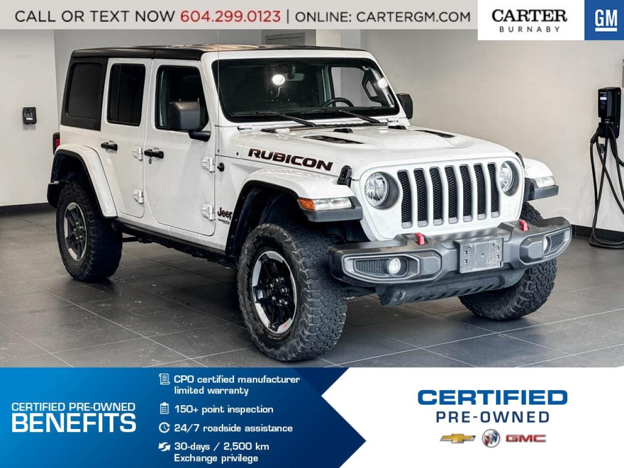 NO ACCIDENTS
Unleash adventure in this 2022 Jeep Wrangler Unlimited Rubicon 4WD, powered by a responsive 2.0L Turbo I-4 with ESS. Built to conquer, it features off-road suspension, HD gas-pressurized shocks, and Trailer Sway Control. Inside, enjoy a leather steering wheel, dual-zone automatic climate control, and two front LCD monitors. Stay confident with ParkView Back-Up Camera, tire-specific TPMS, SiriusXM Guardian, and heated power mirrors.

Come take it for a test drive today and experience all this stylish vehicle has to offer!

WHY CARTER GM BURNABY?

- An unrivalled vehicle purchasing experience!
- Exceeding our loyal customers expectations since 1963
- 4.5 Google star rating (with 2,175+ customer reviews)
- Cargurus Top-rated Dealer 2025 Award
- Cargurus Top Value Dealer 2025 Award
- Peace of mind - 150-point vehicle inspection
- CARFAX - full vehicle service history - purchase with confidence!
- Vehicle trades welcome! Best price guaranteed!
- We provide upfront pricing, zero hidden fees, and 100% transparency
- Fast approvals and 99% acceptance rates (no matter your current credit status!)
- Multilingual staff (many languages spoken)
- Comfortable non-pressured environment with in-store television, WIFI and a childrens play area!
- In-store restaurant: fresh daily menu





Were here to help you drive the vehicle you want, the vehicle you deserve!
QUESTIONS? GREAT! WEVE GOT ANSWERS!
To speak with a friendly vehicle specialist - CALL NOW!
(Doc. Fee: $495.00 Dealer Code: D5505)