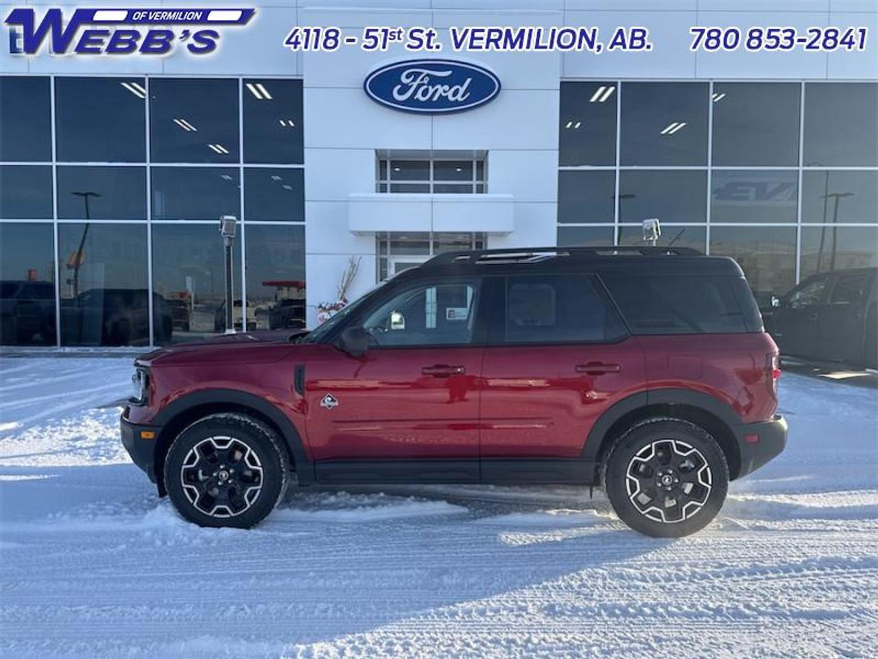 <p><strong>Leather Seats, Heated Seats, SiriusXM, Apple CarPlay, Android Auto!</strong><br><br><br><br>Looking for off-roading capability with a mix off efficiency and tech features? This Bronco Sport is certainly up to the challenge. <br><br>A compact footprint, an iconic name, and modern luxury come together to make this Bronco Sport an instant classic. Whether your next adventure takes you deep into the rugged wilds, or into the rough and rumble city, this Bronco Sport is exactly what you need. With enough cargo space for all of your gear, the capability to get you anywhere, and a manageable footprint, theres nothing quite like this Ford Bronco Sport.<br><br>This Ruby Red SUV has a 8 Speed Automatic transmission and is powered by a 181HP 1.5L 3 Cylinder Engine. <br><br>Our Bronco Sports trim level is Outer Banks. Ready for the great outdoors, this Bronco Outer Banks features heated leather seats with power lumbar adjustment, a heated leather-wrapped steering wheel, SiriusXM streaming radio and exclusive aluminum wheels. Also standard include voice-activated automatic air conditioning, a 13.2-inch SYNC 4 powered infotainment screen with Apple CarPlay and Android Auto, smart charging USB type-A and type-C ports, 4G LTE mobile hotspot internet access, proximity keyless entry with remote start, and a robust terrain management system that features the trademark Go Over All Terrain (G.O.A.T.) driving modes. Additional features include blind spot detection, rear cross traffic alert and pre-collision assist with automatic emergency braking, lane keeping assist, lane departure warning, forward collision alert, driver monitoring alert, a rear-view camera, 3 12-volt DC and 120-volt AC power outlets, and so much more. This vehicle has been upgraded with the following features: Leather Seats, Heated Seats, SiriusXM, Apple CarPlay, Android Auto, Heated Steering Wheel, Remote Start.<br><br>View the original window sticker for this vehicle with this url <strong><a href=http://www.windowsticker.forddirect.com/windowsticker.pdf?vin=3FMCR9CN7SRF74723 target=_blank rel=noopener>http://www.windowsticker.forddirect.com/windowsticker.pdf?vin=3FMCR9CN7SRF74723</a></strong>.<br><br>To apply right now for financing use this link: <a href=https://www.webbsford.com/financing/ target=_blank rel=noopener>https://www.webbsford.com/financing/</a><br><br><br>Total rebate of $6500 is reflected in the price. 5.49% financing for 84 months. <br>Buy this vehicle now for the lowest bi-weekly payment of <strong>$297.76</strong> with $0 down for 84 months @ 5.49% APR O.A.C. ( taxes included, $199 documentation fee / Total cost of borrowing $9237 ). Incentives expire 2026-04-30. See dealer for details. <br><br>Webbs Ford is located at 4118 - 51st Street in beautiful Vermilion, AB. <br>We offer superior sales and service for our valued customers and are committed to serving our friends and clients with the best services possible. If you are looking to set up a test drive in one of our new Fords or looking to inquire about financing options, please call (780) 853-2841 and speak to one of our professional staff members today. Vehicle pricing offer shown expires 2026-04-30. o~o</p>