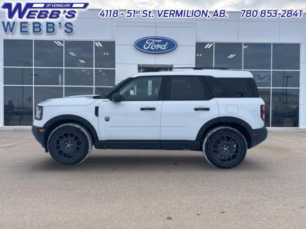 <b>Convenience Package!</b><br> <br> Looking for off-roading capability with a mix off efficiency and tech features? This Bronco Sport is certainly up to the challenge.<br> <br>A compact footprint, an iconic name, and modern luxury come together to make this Bronco Sport an instant classic. Whether your next adventure takes you deep into the rugged wilds, or into the rough and rumble city, this Bronco Sport is exactly what you need. With enough cargo space for all of your gear, the capability to get you anywhere, and a manageable footprint, theres nothing quite like this Ford Bronco Sport.<br> <br>This Oxford White SUV has a 8 Speed Automatic transmission and is powered by a 181HP 1.5L 3 Cylinder Engine. <br> <br> Our Bronco Sports trim level is Big Bend. This Bronco Big Bend steps things up with heated cloth front seats that feature power lumbar adjustment, along with SiriusXM streaming radio and exclusive aluminum wheels. Also standard include voice-activated automatic air conditioning, 13.2-inch SYNC 4 powered infotainment screen with Apple CarPlay and Android Auto, smart charging USB type-A and type-C ports, 4G LTE mobile hotspot internet access, proximity keyless entry with remote start, and a robust terrain management system that features the trademark Go Over All Terrain (G.O.A.T.) driving modes. Additional features include blind spot detection, rear cross traffic alert and pre-collision assist with automatic emergency braking, lane keeping assist, lane departure warning, forward collision alert, driver monitoring alert, a rear-view camera, and so much more. This vehicle has been upgraded with the following features: Convenience Package.<br><br> View the original window sticker for this vehicle with this url <b><a href=http://www.windowsticker.forddirect.com/windowsticker.pdf?vin=3FMCR9BN9SRF76524 target=_blank>http://www.windowsticker.forddirect.com/windowsticker.pdf?vin=3FMCR9BN9SRF76524</a></b>.<br> <br>To apply right now for financing use this link: <a href=https://www.webbsford.com/financing/ target=_blank>https://www.webbsford.com/financing/</a><br> <br/>Total rebate of $5500 is reflected in the price. 5.49% financing for 84 months. <br> Buy this vehicle now for the lowest bi-weekly payment of <b>$258.91</b> with $0 down for 84 months @ 5.49% APR O.A.C. ( taxes included, $199 documentation fee / Total cost of borrowing $8032 ). Incentives expire 2026-08-31. See dealer for details. <br><br>Webbs Ford is located at 4118 - 51st Street in beautiful Vermilion, AB. <br/>We offer superior sales and service for our valued customers and are committed to serving our friends and clients with the best services possible. If you are looking to set up a test drive in one of our new Fords or looking to inquire about financing options, please call (780) 853-2841 and speak to one of our professional staff members today.   Vehicle pricing offer shown expires 2026-08-31.  o~o