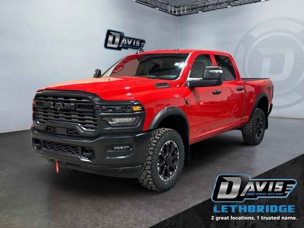 <b>Adaptive Cruise Control, Mobile Hotspot, Collision Mitigation <br /> <br /></b><br /> <br /> <br />The 2026 Ram 2500 Warlock is built for drivers who want bold styling, serious capability, and proven diesel performance. Powered by the 6.7L Cummins® Turbo Diesel engine paired with an 8-speed TorqueFlite® HD automatic transmission and 4x4 drivetrain, this heavy-duty pickup delivers confident towing and off-road readiness. Features like trailer brake control, Class V receiver hitch, hill descent control, anti-spin rear differential, and heavy-duty suspension make the Ram 2500 Warlock a dependable truck for work, recreation, and challenging terrain.<br /><br />Inside the crew cab, the Warlock balances durability and comfort with a cloth 40/20/40 front bench seat, rear folding seat, and practical storage solutions. Technology highlights include the Uconnect® 5 system with an 8.4-inch touchscreen, Apple CarPlay®, Android Auto, Bluetooth® connectivity, 4G LTE Wi-Fi hotspot, and a ParkView® rear backup camera. Additional conveniences such as remote keyless entry, push-button start, active noise control, and a N95+ Bio HVAC cabin filter enhance everyday driving comfort.<br /><br />Finished in eye-catching Flame Red Clear Coat, this 2026 Ram 2500 Warlock diesel stands out with aggressive blacked-out styling, including black bumpers, Warlock exterior decals, matte black grille, black wheel flares, and 20-inch black aluminum wheels wrapped in all-terrain tires. Advanced safety features like Adaptive Cruise Control with Stop & Go, Forward Collision Warning with Active Braking, Pedestrian Emergency Braking, and Electronic Stability Control provide added confidence. With rugged looks and legendary Cummins power, the Ram 2500 Warlock is a smart choice for drivers searching for a capable heavy-duty truck with unmistakable attitude.<br /> <br />To apply right now for financing use this link: <a href=https://lethbridge.davisdodge.ca/free-credit-check/ target=_blank rel=nofollow noopener noreferrer>https://lethbridge.davisdodge.ca/free-credit-check/</a><br /><br /> <br /><br />As a premier Chrysler, Dodge, Jeep and RAM dealership, Davis Dodge proudly offers an extensive selection of new and used vehicles to meet every drivers needs. Customers across Lethbridge, Fort Macleod, Taber, Claresholm, Coaldale, and beyond trust us for daily vehicle specials, certified service and parts, and a seamless online inventory experience. <br /><br /> With competitive financing options and expert support, we make car buying easy and enjoyable. <br /><br /> Ready to hit the road? Schedule your test drive today at Davis Dodge, your trusted Chrysler, Dodge, Jeep and RAM dealer in Lethbridge, Alberta.<br /><br /> Vehicle pricing offer shown expires 2026-04-30. <br /> Come by and check out our fleet of 70+ used cars and trucks and 110+ new cars and trucks for sale in Lethbridge. o~o