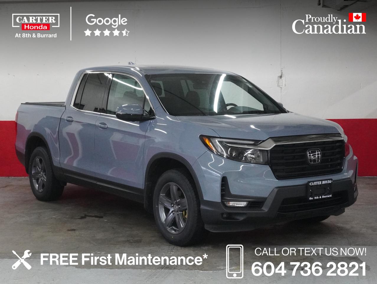 2022 RIDGELINE TOUR TONNEAU NO ACCIDENTS, NEW TIRES GPS. THIS BEAUTIFUL SONIC GREY 2022 CERTIFIED HONDA RIDGELINE TOURING HAS FACTORY WARRANTY UNTIL JULY 11, 2029 OR 160,000 KMS, WHICHEVER COMES FIRST. NO ACCIDENTS, BUT 1 VANDALISM NON-COLLISION CLAIM FOR $1,355.38. Front and rear tires are new. Front brakes are at 9/10 mm, rear brakes are at 5.5/10 mm. This 2022 Ridgeline touring has a Tonneau cover, leather, remote start, heated AND ventilated seats, in bed speaker, sunroof, backup camera, parking sensors, blind spot monitoring, seat memory, pre collision mitigation, lane assist, adaptive cruise control Apple car play, Bluetooth, Android auto, fog lights and too many more features to list. Book your test drive before this beautiful well equipped Sonic grey Ridgeline touring is gone!

Free First Oil Change*

WHY CARTER HONDA? 

Exceeding our Customers Expectations for Over 30 Years.

Upfront Pricing, ZERO Hidden Fees and 7-Day Exchange Policy 
 
4.5 Google Star Rating with 2000+ Customer Reviews
 	2023, 2022 and 2021 Dealer of the Year Award from Dealer Rater
 	CARFAX - Full Vehicle Service History 
 	Vehicle Trades Welcome! Best Price Guaranteed!

Award-Winning Honda Vehicle Selection
 	Fast Approvals and 99% Acceptance Rates
 	Multilingual Consultants
 	Comfortable Non-Pressured Showroom

Were here to help you drive the vehicle you want, the vehicle you deserve!
 
QUESTIONS? GREAT! WEVE GOT ANSWERS!
CALL OR TEXT US NOW! (604) 736-2821
(Doc. Fee: $795.00 | Dealer Code: 1100)