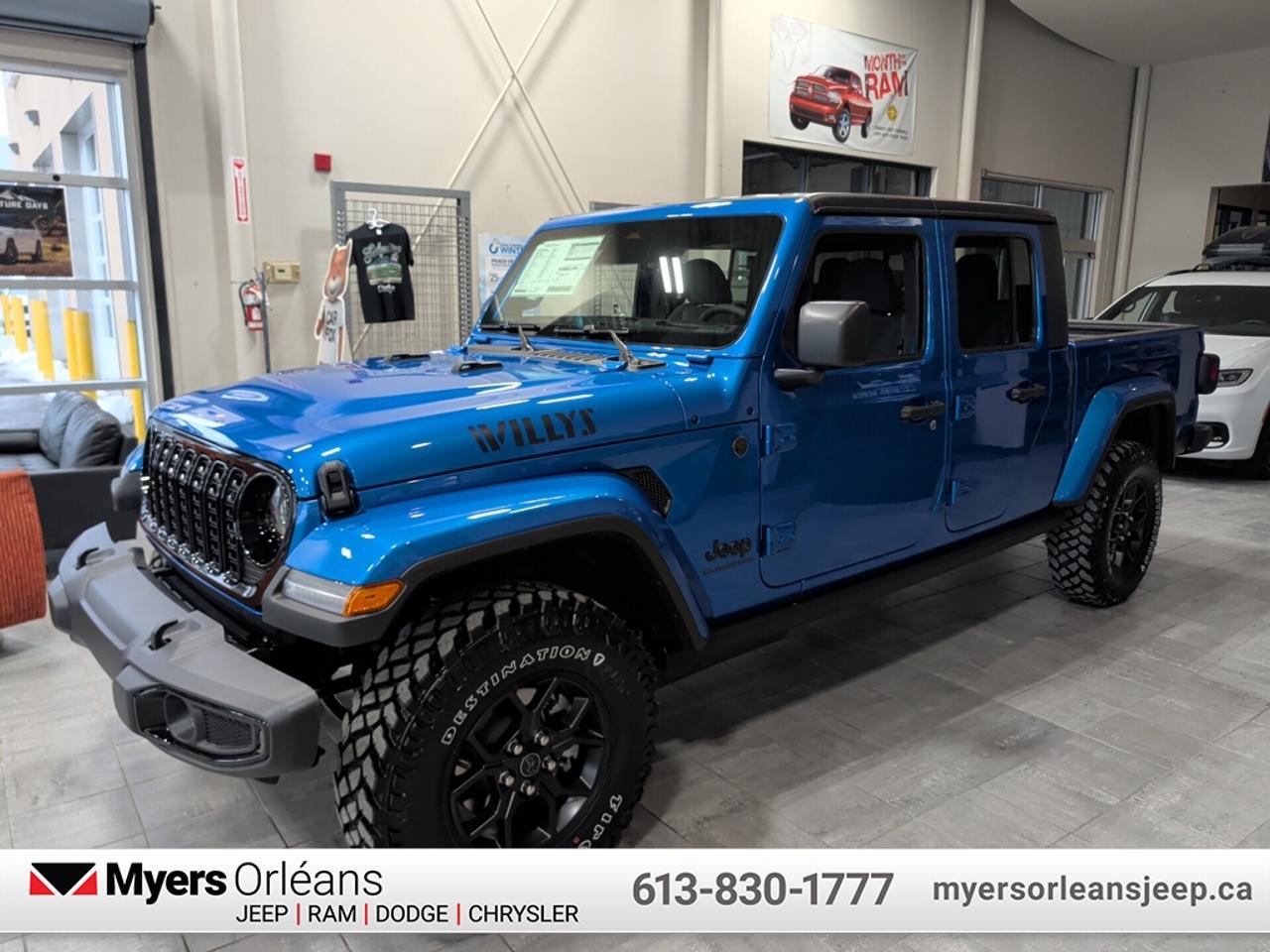 <b>Spray-In Bedliner, Technology Group, Freedom Top!</b><br> <br> Inside, youll find a comfortable and tech-forward cabin built to keep you connected and in command on any terrain. <br> <br>The 2026 Jeep Gladiator is built for those who demand adventure without compromise. Combining the open-air freedom of a Jeep with the utility of a pickup, it delivers unmatched versatility for work, play, and everything in between. With a refined interior, advanced technology, and uncompromising off-road performance, the Gladiator proves that capability and comfort can go hand in hand.<br> <br>This Hydro Blue Pearl Regular Cab 4X4 pickup has an Automatic transmission and is powered by a 285HP 3.6L V6 Cylinder Engine. <br> <br> Our Gladiators trim level is Willys. This Gladiator Willys features upgraded aluminum wheels, two front tow hooks, undercarriage skid plates, a full-size spare with underbody storage, removable doors and windows, and a manual convertible top with fixed roll-over protection. This rugged truck also features great convenience features like proximity keyless entry with push button start, illuminated front and rear cupholders, two 12-volt DC power outlets, and tons of storage space. Handling infotainment and connectivity duties is a 12.3-inch screen powered by Uconnect 5W, and features Apple CarPlay, Android Auto, 4G LTE WiFi hotspot internet access, and streaming audio. This vehicle has been upgraded with the following features: Spray-In Bedliner, Technology Group, Freedom Top.<br><br> View the original window sticker for this vehicle with this url <b><a href=http://www.chrysler.com/hostd/windowsticker/getWindowStickerPdf.do?vin=1C6PJTAG1TL161413 target=_blank>http://www.chrysler.com/hostd/windowsticker/getWindowStickerPdf.do?vin=1C6PJTAG1TL161413</a></b>.<br> <br>To apply right now for financing use this link: <a href=https://www.myersorleansjeep.ca/apply-for-financing/ target=_blank>https://www.myersorleansjeep.ca/apply-for-financing/</a><br><br> <br/> Weve discounted this vehicle $3200.    4.99% financing for 96 months. <br> Buy this vehicle now for the lowest weekly payment of <b>$174.95</b> with $0 down for 96 months @ 4.99% APR O.A.C. ( Plus applicable taxes -  **Rebates may not be applicable on all purchase types [cash, lease, or finance]. Eligibility and conditions may vary. Please see dealer for full details and confirmation of eligibility.   / Total Obligation of $72778  ).  Incentives expire 2026-04-30.  See dealer for details. <br> <br>The road to new driving experiences begins in our inventory, where youll find an incredible array of brand-new cars, trucks, minivans, and SUVs, including two of our bestselling models, the Dodge Ram 1500 and the Dodge Grand Caravan. If you want to know what the cutting edge of automotive technology looks like, all you have to do is visit Myers Orleans Jeep! Each model comes loaded with the convenient features and cool technology that help make every trip memorable. Looking for additional everyday luxury at a price thats incredibly wallet-friendly? Choose from our selection of quality pre-owned models! If you can think of a road, our friendly and knowledgeable sales team will help you find the perfect vehicle to drive it.<br><br>We may be a well-established dealership thats been part of the community for many years, but that doesnt mean were stuck in the past! At Myers Orleans Jeep, were proud to provide a fresh, modern approach to car buying. Using our array of online tools, you can browse our extensive inventory, schedule a service appointment, order parts, and even apply for credit from wherever youve got a connection. Our goal is to create relationships that will last, and we know that the best way to do this is by providing a dealership experience thats based on honesty, transparency, trust, and a commitment to customers. Stop by today and discover all the ways we go above and beyond for you.<br><br> Come by and check out our fleet of 30+ used cars and trucks and 80+ new cars and trucks for sale in Orleans.  o~o