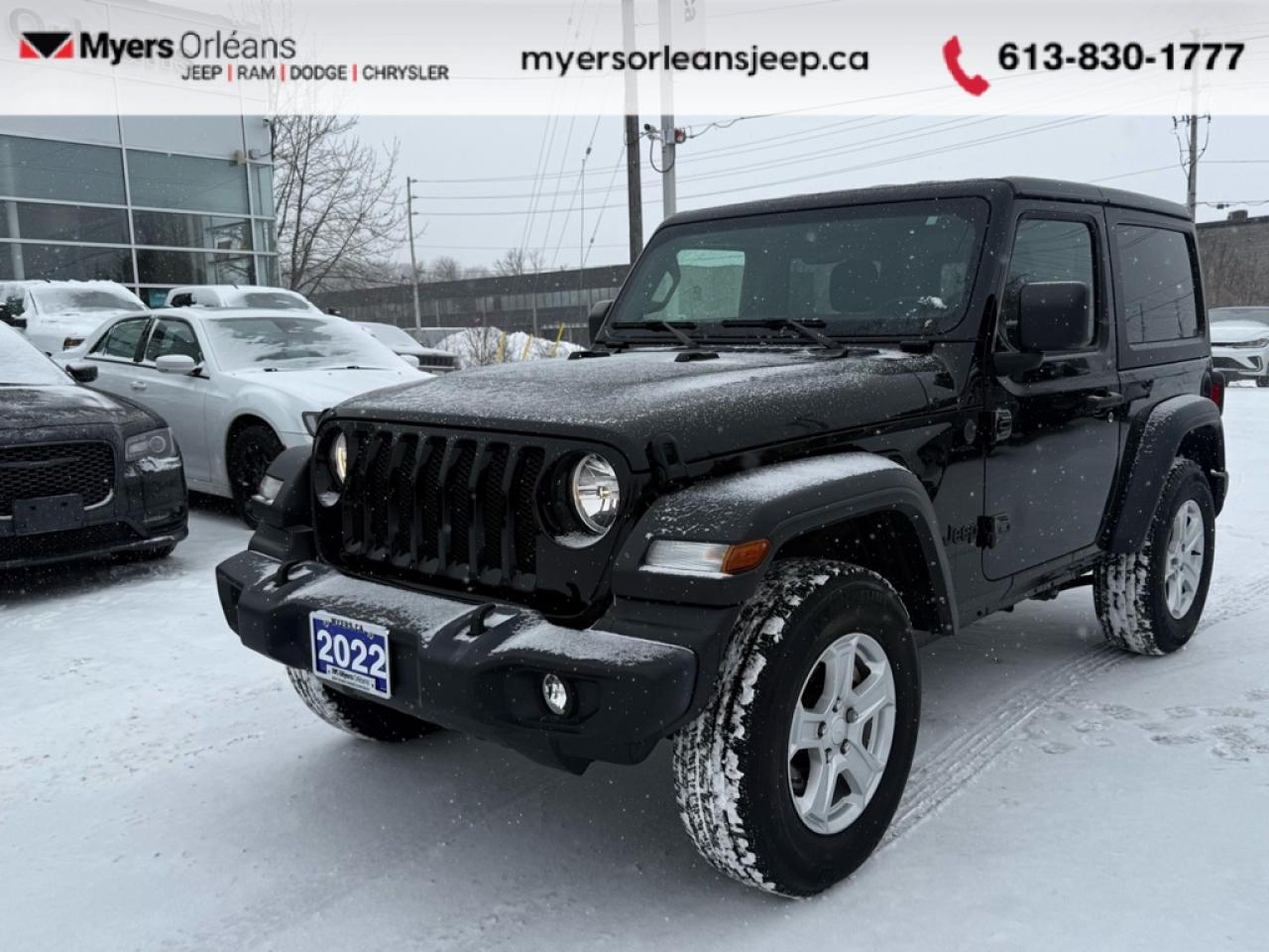 <b>Low Mileage, Android Auto,  Apple CarPlay,  4G Wi-Fi,  Aluminum Wheels,  Rear Camera!</b><br> <br>  Compare at $33448 -  is just $32000! <br> <br>This Jeep Wrangler is the culmination of tireless innovation and extensive testing to built the ultimate off-road SUV! This 2022 Jeep Wrangler is for sale today in Orleans. <br> <br>No matter where your next adventure takes you, this Jeep Wrangler is ready for the challenge. With advanced traction and handling capability, sophisticated safety features and ample ground clearance, the Wrangler is designed to climb up and crawl over the toughest terrain. Inside the cabin of this Wrangler offers supportive seats and comes loaded with the technology you expect while staying loyal to the style and design youve come to know and love. This low mileage SUV has just 31,623 km. Its Black in colour and is completely accident free based on the <a href=https://vhr.carfax.ca/?id=E5prYf8Z+8xN1Fb/P185Jnx08R2l2aw9 target=_blank>CARFAX Report</a>. It has an Automatic transmission and is powered by a 285HP 3.6L V6 Cylinder Engine. <br> <br> Our Wranglers trim level is Sport S. This Sport S takes infotainment just as seriously as the trail with Apple CarPlay, Android Auto, and a wi-fi hotspot offered on the Uconnect system. This Wrangler Sport S is exactly what you want from an off-roading machine with skid plates, tow hooks, a sport bar, Dana axles, and a shift-on-the-fly transfer case while aluminum wheels make sure you do it in style. A rearview camera and fog lamps help you stay safe. This vehicle has been upgraded with the following features: Android Auto, Apple CarPlay, 4G Wi-Fi, Aluminum Wheels, Rear Camera, Off-Road Suspension, Fog Lamps .<br> To view the original window sticker for this vehicle view this <a href=http://www.chrysler.com/hostd/windowsticker/getWindowStickerPdf.do?vin=1C4HJXAG6NW138764 target=_blank>http://www.chrysler.com/hostd/windowsticker/getWindowStickerPdf.do?vin=1C4HJXAG6NW138764</a>. <br/><br> <br>To apply right now for financing use this link: <a href=https://www.myersorleansjeep.ca/apply-for-financing/ target=_blank>https://www.myersorleansjeep.ca/apply-for-financing/</a><br><br> <br/><br> Buy this vehicle now for the lowest weekly payment of <b>$114.84</b> with $0 down for 84 months @ 7.99% APR O.A.C. ( Plus applicable taxes -  Plus applicable fees   / Total Obligation of $41803  ).  See dealer for details. <br> <br>The road to new driving experiences begins in our inventory, where youll find an incredible array of brand-new cars, trucks, minivans, and SUVs, including two of our bestselling models, the Dodge Ram 1500 and the Dodge Grand Caravan. If you want to know what the cutting edge of automotive technology looks like, all you have to do is visit Myers Orleans Jeep! Each model comes loaded with the convenient features and cool technology that help make every trip memorable. Looking for additional everyday luxury at a price thats incredibly wallet-friendly? Choose from our selection of quality pre-owned models! If you can think of a road, our friendly and knowledgeable sales team will help you find the perfect vehicle to drive it.<br><br>We may be a well-established dealership thats been part of the community for many years, but that doesnt mean were stuck in the past! At Myers Orleans Jeep, were proud to provide a fresh, modern approach to car buying. Using our array of online tools, you can browse our extensive inventory, schedule a service appointment, order parts, and even apply for credit from wherever youve got a connection. Our goal is to create relationships that will last, and we know that the best way to do this is by providing a dealership experience thats based on honesty, transparency, trust, and a commitment to customers. Stop by today and discover all the ways we go above and beyond for you.<br><br> Come by and check out our fleet of 40+ used cars and trucks and 70+ new cars and trucks for sale in Orleans.  o~o