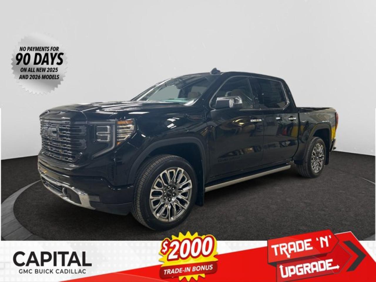 This 2026 GMC Sierra 1500 in Onyx Black is equipped with 4WD and Turbocharged Diesel I6 3.0L/183 engine.The Next Generation Sierra redefines what it means to drive a pickup. The redesigned for 2019 Sierra 1500 boasts all-new proportions with a larger cargo box and cabin. It also shaves weight over the 2018 model through the use of a lighter boxed steel frame and extensive use of aluminum in the hood, tailgate, and doors.To help improve the hitching and towing experience, the available ProGrade Trailering System combines intelligent technologies to offer an in-vehicle Trailering App, a companion to trailering features in the myGMC app and multiple high-definition camera views.GMC has altered the pickup landscape with groundbreaking innovation that includes features such as available Rear Camera Mirror and available Multicolour Heads-Up Display that puts key vehicle information low on the windshield. Innovative safety features such as HD Surround Vision and Lane Change Alert with Side Blind Zone alert will also help you feel confident and in control in the Next Generation Seirra.Key features of the Sierra Denali include: Taller stance and more dominant presence, GMC MultiPro Tailgate, Adaptive Rice Control, Authentic perforated Forge leather-appointed seating and open-pore ash wood trim, Available Head-Up Display and HD Rear Camera Mirror, and Available 420 hp 6.2L V8 with 10-speed automatic transmission.Check out this vehicles pictures, features, options and specs, and let us know if you have any questions. Helping find the perfect vehicle FOR YOU is our only priority.P.S...Sometimes texting is easier. Text (or call) 306-801-9090 for fast answers at your fingertips!Dealer License #914248Disclaimer: All prices are plus taxes & fees. See dealer for Details. Dealer Permit # 914248 See dealer for Details.