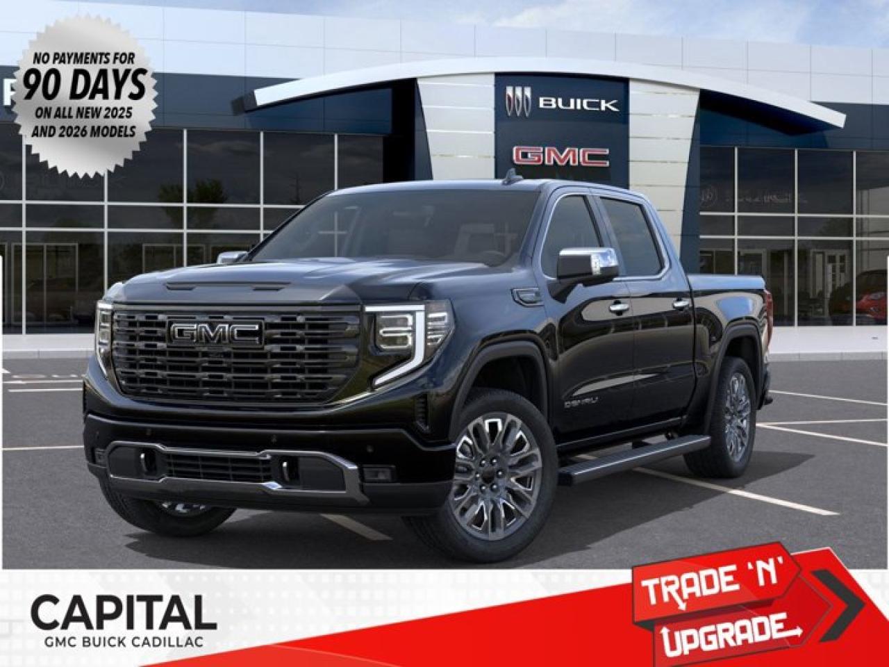 This 2026 GMC Sierra 1500 in Onyx Black is equipped with 4WD and Turbocharged Diesel I6 3.0L/183 engine.The Next Generation Sierra redefines what it means to drive a pickup. The redesigned for 2019 Sierra 1500 boasts all-new proportions with a larger cargo box and cabin. It also shaves weight over the 2018 model through the use of a lighter boxed steel frame and extensive use of aluminum in the hood, tailgate, and doors.To help improve the hitching and towing experience, the available ProGrade Trailering System combines intelligent technologies to offer an in-vehicle Trailering App, a companion to trailering features in the myGMC app and multiple high-definition camera views.GMC has altered the pickup landscape with groundbreaking innovation that includes features such as available Rear Camera Mirror and available Multicolour Heads-Up Display that puts key vehicle information low on the windshield. Innovative safety features such as HD Surround Vision and Lane Change Alert with Side Blind Zone alert will also help you feel confident and in control in the Next Generation Seirra.Key features of the Sierra Denali include: Taller stance and more dominant presence, GMC MultiPro Tailgate, Adaptive Rice Control, Authentic perforated Forge leather-appointed seating and open-pore ash wood trim, Available Head-Up Display and HD Rear Camera Mirror, and Available 420 hp 6.2L V8 with 10-speed automatic transmission.Check out this vehicles pictures, features, options and specs, and let us know if you have any questions. Helping find the perfect vehicle FOR YOU is our only priority.P.S...Sometimes texting is easier. Text (or call) 306-801-9090 for fast answers at your fingertips!Dealer License #914248Disclaimer: All prices are plus taxes & fees. See dealer for Details. Dealer Permit # 914248 See dealer for Details.