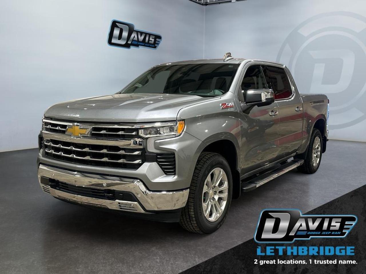<b>Z71 Off Road Pkg - 5.3L V8 - Leather - Bose Sound - Tonneau Cover - Remote Start - Side Steps - Local Trade In! <br /></b><br /> A versatile bed and a smartly designed interior makes this Chevrolet Silverado the ultimate workhorse for any weekend adventure. This 2023 Chevrolet Silverado 1500 is fresh on our lot in Lethbridge. <br /> <br />This 2023 Chevy Silverado 1500 is functional and ergonomic, suited for the work-site or family life. Bold styling throughout gives it amazing curb appeal and a dominating stance on the road, while the its smartly designed interior keeps every passenger in superb comfort and connectivity on any trip. With brawn, brains and reliability, this muscular pickup was built by truck people, for truck people, and comes from the family of the most dependable, longest-lasting full-size pickups on the road. This Crew Cab 4X4 pickup has 52,697 km. Stock number 40966 is Silver in colour. It has an Automatic transmission and is powered by a 355HP 5.3L 8 Cylinder Engine. <br /> <br /> Our Silverado 1500's trim level is LTZ. Stepping up to this Silverado 1500 LTZ is a great choice as it comes fully loaded with Chevrolet's legendary capability and was built to offer the perfect balance of luxury and style. This stunning truck comes equipped with premium leather seats, exclusive polished-aluminum wheels, Chevrolet's Premium Infotainment 3 system that's paired with a larger touchscreen display, wireless Apple CarPlay and Android Auto, 4G LTE hotspot and SiriusXM. Additional features include a BOSE premium audio system, wireless device charging, remote engine start, an EZ Lift tailgate, blind spot detection with trailer side detection, forward collision warning with automatic braking, intellibeam LED headlights, a leather wrapped steering wheel, lane keep assist, Teen Driver technology, trailer hitch guidance and a HD 360 surround vision camera. This vehicle has been upgraded with the following features: Leather Seats, Aluminum Wheels, Wireless Charging, Memory Seats, Premium Audio, Wireless Charging, Power Tailgate.<br /> <br />To apply right now for financing use this link: <a href=https://www.bridgecitychrysler.com/pre-approval/ target=_blank rel=nofollow noopener noreferrer>https://www.bridgecitychrysler.com/pre-approval/</a><br /><br /> <br /><br />Locally Owned & Trusted for Over 35 Years  Bridge City Chrysler in Lethbridge, AB <br /><br /> At Bridge City Chrysler, weve proudly served the Lethbridge community for more than 35 years, offering an unparalleled car buying experience. Dont just take our word for itour Google reviews speak volumes about our commitment to exceptional service. <br /><br /> Delivery & At-Home Test Drives: Convenient options to suit your lifestyle. <br /><br /> Flexible Financing for Everyone: Get the vehicle you need with financing solutions tailored to your situation. <br /><br /> Full Mechanical Inspections & Professional Cleaning: Every vehicle is thoroughly inspected and cleaned before it hits our lot.<br /><br /> We take all makes and models on trade and offer competitive pricing with inventory that changes daily. Whether you're shopping for a Chrysler, Dodge, Jeep, RAM, or FIAT, our AMVIC Licensed dealership makes it easy to browse, buy, and drive away.<br /><br /> Located in Lethbridge, AB, we proudly serve customers in Fort Macleod, Taber, Claresholm, and Coaldale. Shop online or visit us today to experience the best in sales, service, and selection. Standard bank rates apply; taxes are additional.<br /><br /> Vehicle pricing offer shown expires 2026-01-31. <br /> Come by and check out our fleet of 80+ used cars and trucks and 130+ new cars and trucks for sale in Lethbridge. o~o