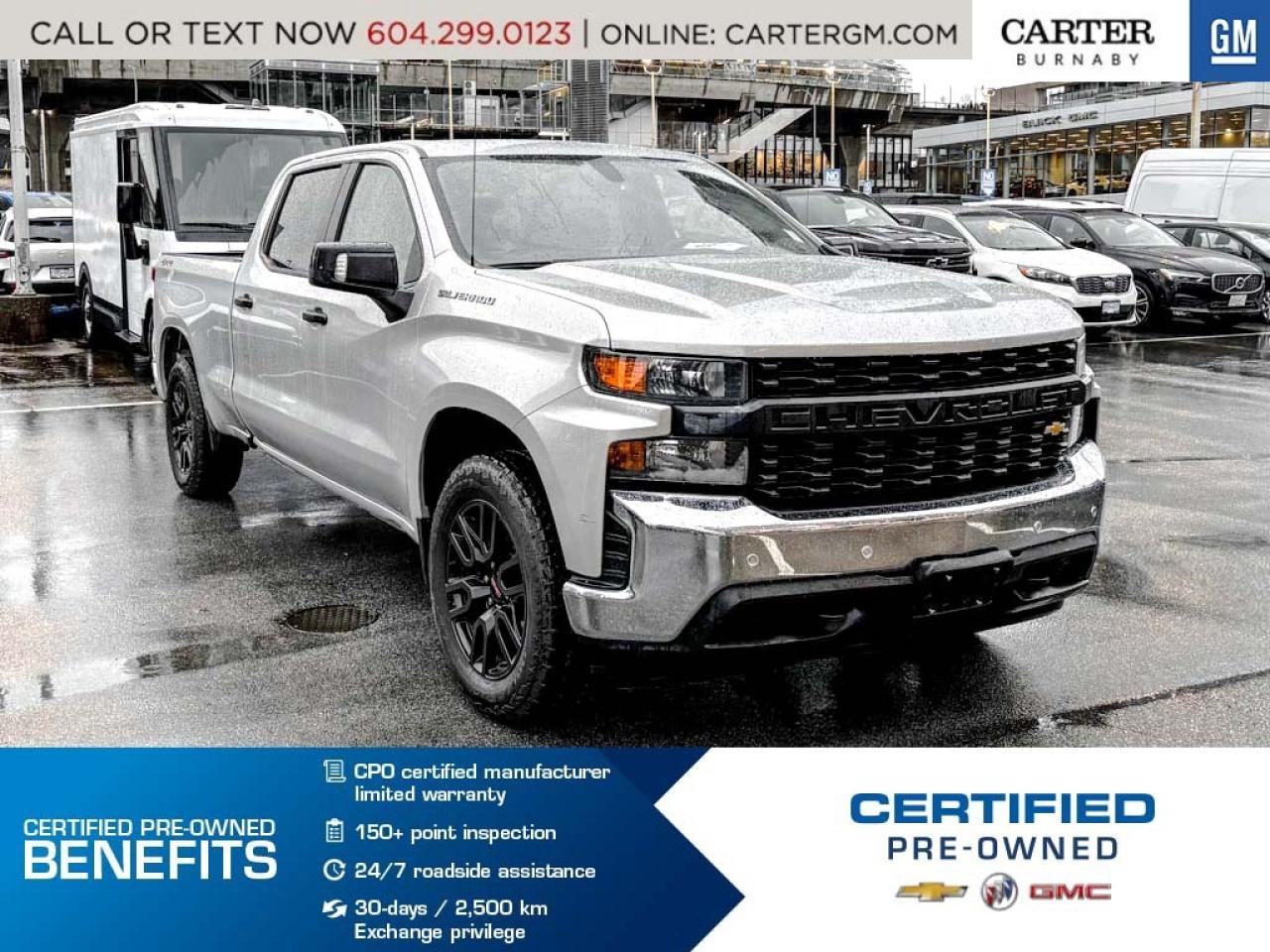 ONE OWNER
Take on any job with confidence in this 2021 Chevrolet Silverado 1500 Work Truck 4WD. Powered by a muscular 5.3L V8 gas engine, it delivers the strength and reliability you expect from a Silverado. Advanced safety features include StabiliTrak with trailer sway control, rear vision camera, front and rear park assist, rear cross traffic alert, and lane change alert with blind side zone alert. A tire pressure monitoring system with tire fill alert adds everyday convenience.

Come take it for a test drive today and experience all this stylish vehicle has to offer!

WHY CARTER GM BURNABY?

- An unrivalled vehicle purchasing experience!
- Exceeding our loyal customers expectations since 1963
- 4.5 Google star rating (with 2,175+ customer reviews)
- Cargurus Top-rated Dealer 2025 Award
- Cargurus Top Value Dealer 2025 Award
- Peace of mind - 150-point vehicle inspection
- CARFAX - full vehicle service history - purchase with confidence!
- Vehicle trades welcome! Best price guaranteed!
- We provide upfront pricing, zero hidden fees, and 100% transparency
- Fast approvals and 99% acceptance rates (no matter your current credit status!)
- Multilingual staff (many languages spoken)
- Comfortable non-pressured environment with in-store television, WIFI and a childrens play area!
- In-store restaurant: fresh daily menu





Were here to help you drive the vehicle you want, the vehicle you deserve!
QUESTIONS? GREAT! WEVE GOT ANSWERS!
To speak with a friendly vehicle specialist - CALL NOW!
(Doc. Fee: $495.00 Dealer Code: D5505)