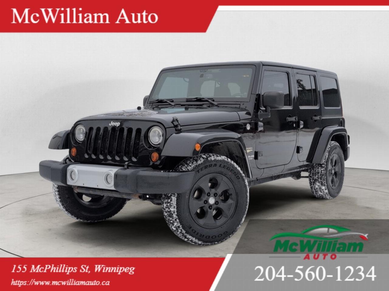 <br>This 2013 Jeep Wrangler Unlimited Sahara is a rugged and stylish SUV ready for your next adventure! With its 6 Cylinder engine, Automatic Transmission and 4X4 drive, this Jeep is built for off-road fun. The sleek black interior and exterior give it a bold look that stands out on the road. Dont miss out on this versatile and capable ride!<br><br>DEALER PERMIT #4611<br><br>Call today: 204-560-1234<br><br>Visit us TODAY at 155 McPhillips St, Winnipeg, MB <br><br>Website: www.mcwiliamauto.ca<br><br>Email: winnipegcar@gmail.com<br><br>Click here to get pre approved:<br><br>https://www.mcwilliamauto.ca/car-loan-application/actual vehicle for the actual information. <br><br> IMPORTANT DISCLAIMER : This vehicle is a used vehicle, all the features and information may not be accurate from the descriptions above, please check the