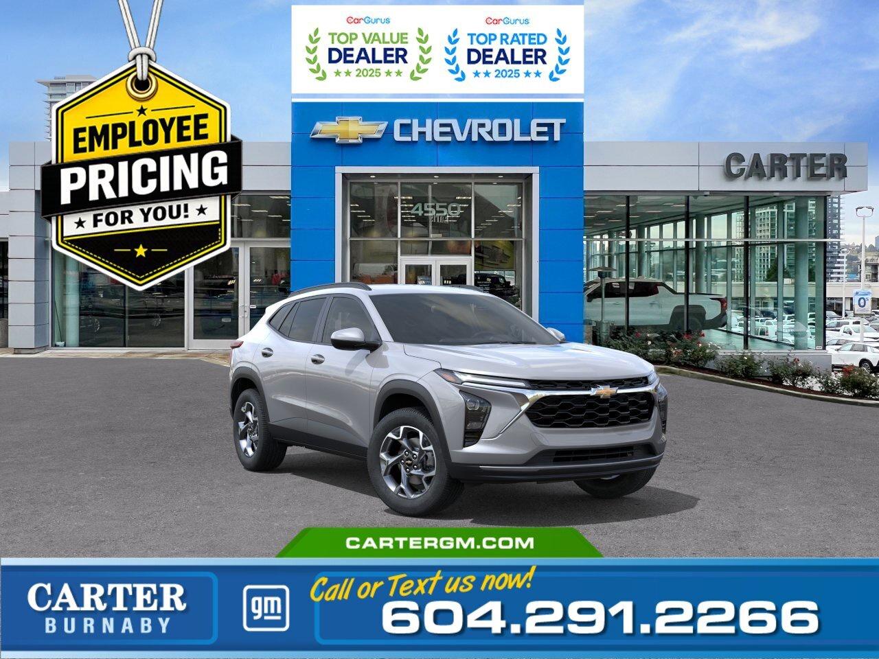 GREAT NEWS! THE EMPLOYEE PRICING EVENT IS BACK! Take advantage of exclusive Employee Pricing on eligible new vehicles and enjoy exceptional value for a limited time. This is your opportunity to save on the vehicle youve been waiting for while inventory lasts. Contact us today to confirm your eligibility and discover the available offers on your preferred model.  Enjoy comfort, efficiency, and modern style in the 2026 Chevrolet Trax 1LT FWD. Powered by an ECOTEC 1.2L Turbo engine, this compact SUV delivers a smooth and responsive drive perfect for city streets and weekend adventures alike. Inside, heated front seats and a wrapped steering wheel add everyday comfort, while advanced safety features like StabiliTrak stability control, ECM grade braking control, HD Rear Vision Camera, and Following Distance Indicator help keep you confident behind the wheel. Come take it for a test drive today and experience all this stylish vehicle has to offer!  WHY CARTER GM BURNABY?  - An unrivalled vehicle purchasing experience! - Exceeding our loyal customers expectations since 1963 - 4.5 Google star rating with 2,300+ customer reviews) - CarGurus Top-Rated Dealer 2025 Award - CarGurus Top Value Dealer 2025 Award - Vehicle trades welcome! Best price guaranteed! - We provide upfront pricing, zero hidden fees, and 100% transparency - Fast approvals and 99% acceptance rates (no matter your current credit status!) - Multilingual staff (many languages spoken) - Comfortable non-pressured environment with in-store television, WIFI and a childrens play area! - In-store restaurant: fresh daily menu        Were here to help you drive the vehicle you want, the vehicle you deserve! QUESTIONS? GREAT! WEVE GOT ANSWERS! To speak with a friendly vehicle specialist - CALL NOW! The advertised price includes all standard dealer fees and any applicable manufacturer or dealer incentives. It does not include applicable taxes, licensing, insurance, or optional products or services. Dealer fees will be clearly broken out and itemized on the bill of sale, maximum total of fees $699.00. Prices are shown in Canadian dollars. While we make every effort to ensure accuracy, vehicle details, pricing, options, and availability are subject to change without notice. Please confirm all information with dealership sales management before purchase. Dealer Code: 81129
