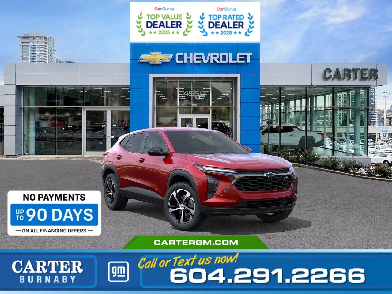 Purchase your new vehicle today and enjoy NO PAYMENTS FOR UP TO 90 DAYS. Upgrade with confidence, without stretching your budget!  WHY CARTER GM BURNABY?  - An unrivalled vehicle purchasing experience! - Exceeding our loyal customers expectations since 1963 - 4.5 Google star rating with 2,175+ customer reviews) - CarGurus Top-Rated Dealer 2025 Award - CarGurus Top Value Dealer 2025 Award - Vehicle trades welcome! Best price guaranteed! - We provide upfront pricing, zero hidden fees, and 100% transparency - Fast approvals and 99% acceptance rates (no matter your current credit status!) - Multilingual staff (many languages spoken) - Comfortable non-pressured environment with in-store television, WIFI and a childrens play area! - In-store restaurant: fresh daily menu        Were here to help you drive the vehicle you want, the vehicle you deserve! QUESTIONS? GREAT! WEVE GOT ANSWERS! To speak with a friendly vehicle specialist - CALL NOW! (Doc. Fee: $495.00 Dealer Code: D5505)