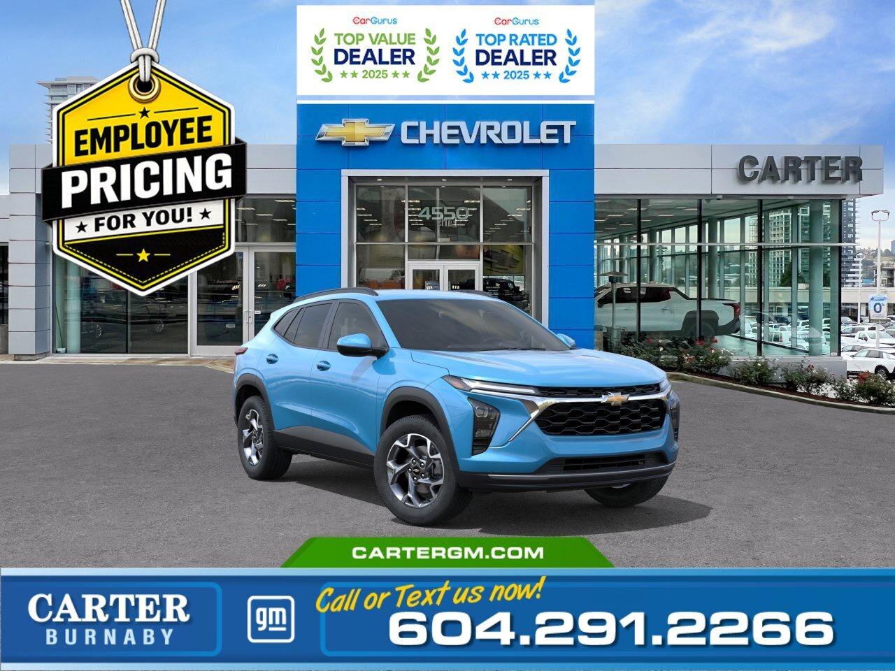 GREAT NEWS! THE EMPLOYEE PRICING EVENT IS BACK! Take advantage of exclusive Employee Pricing on eligible new vehicles and enjoy exceptional value for a limited time. This is your opportunity to save on the vehicle youve been waiting for while inventory lasts. Contact us today to confirm your eligibility and discover the available offers on your preferred model.  Enjoy comfort, efficiency, and modern style in the 2026 Chevrolet Trax 1LT FWD. Powered by an ECOTEC 1.2L Turbo engine, this compact SUV delivers a smooth and responsive drive perfect for city streets and weekend adventures alike. Inside, heated front seats and a wrapped steering wheel add everyday comfort, while advanced safety features like StabiliTrak stability control, ECM grade braking control, HD Rear Vision Camera, and Following Distance Indicator help keep you confident behind the wheel. Come take it for a test drive today and experience all this stylish vehicle has to offer!  WHY CARTER GM BURNABY?  - An unrivalled vehicle purchasing experience! - Exceeding our loyal customers expectations since 1963 - 4.5 Google star rating with 2,300+ customer reviews) - CarGurus Top-Rated Dealer 2025 Award - CarGurus Top Value Dealer 2025 Award - Vehicle trades welcome! Best price guaranteed! - We provide upfront pricing, zero hidden fees, and 100% transparency - Fast approvals and 99% acceptance rates (no matter your current credit status!) - Multilingual staff (many languages spoken) - Comfortable non-pressured environment with in-store television, WIFI and a childrens play area! - In-store restaurant: fresh daily menu        Were here to help you drive the vehicle you want, the vehicle you deserve! QUESTIONS? GREAT! WEVE GOT ANSWERS! To speak with a friendly vehicle specialist - CALL NOW! The advertised price includes all standard dealer fees and any applicable manufacturer or dealer incentives. It does not include applicable taxes, licensing, insurance, or optional products or services. Dealer fees will be clearly broken out and itemized on the bill of sale, maximum total of fees $699.00. Prices are shown in Canadian dollars. While we make every effort to ensure accuracy, vehicle details, pricing, options, and availability are subject to change without notice. Please confirm all information with dealership sales management before purchase. Dealer Code: 81129