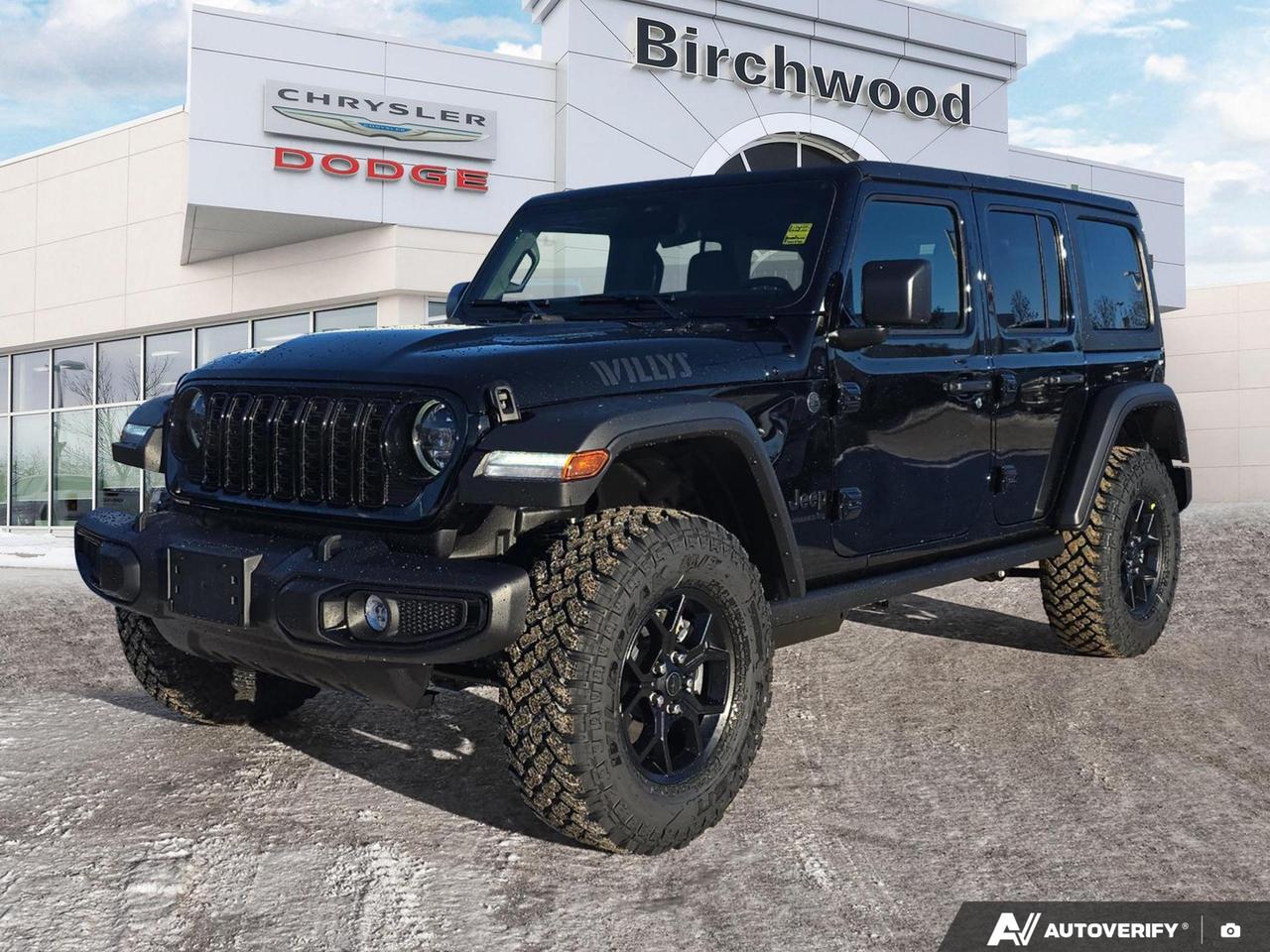 Electronic Stability Control
Hill Start Assist
Supplemental front seatmounted side air bags
Supplemental side air bags
Advanced multistage front air bags
Automatic headlamps
ParkView Rear BackUp Camera
Transmission skid plate
Fuel tank skid plate shield
Transfer case skid plate shield
TORX toolkit
Speedsensitive power locks
Power windows with front 1touch down
Pushbutton start
Air conditioning
Uconnect 5 with 12.3inch display
SiriusXM with 360L ondemand content
Experience the future of off-road adventure with the all-new 2026 Jeep Wrangler Willys! This rugged SUV combines iconic Jeep styling with cutting-edge technology for the ultimate outdoor experience.

Key Features:
- Advanced 3.6L Pentastar VVT V6 engine with ESS for powerful performance
- 4G LTE Wi-Fi Hot Spot for seamless connectivity on the go
- Uconnect 5W system with massive 12.3 display
- LT285/70R17C BSW Mud-Terrain tires for superior off-road capability
- MOPAR All-Weather Floor Mats for easy cleaning after your adventures
- Manual convertible top with fixed roll-over protection
- ParkView Back-Up Camera for enhanced safety
- 4 Year NO CHARGE maintenance plan included

Ready to conquer any terrain? Reserve your 2026 Jeep Wrangler Willys today or contact Birchwood Chrysler Dodge Jeep Ram for a thrilling test drive. Experience the perfect blend of capability and comfort  your next adventure awaits!
Birchwood Chrysler Dodge is your choice for New Chrysler, Dodge, Jeep, RAM vehicles in Winnipeg. 
 
With us, Experience is Everything. Complete as much or as little of your purchase online as you like. All pricing you see is what you pay. No hidden fees. All new vehicle special offers and discounts are already calculated in the pricing. On our website you can choose payment options and terms knowing these are transparent and accurate.

Start your purchase online to build your exact pricing to your specifics like how much money down, vehicle trade and any accessories or added optional protection that suits your needs.

Any questions let us know by calling (204) 774-4444, wed love to send you a video to clarify any questions about a vehicle!

Visit us in store at 90-3965 Portage Ave in the Birchwood Autopark.

Dealer permit #5686
Dealer permit #5686