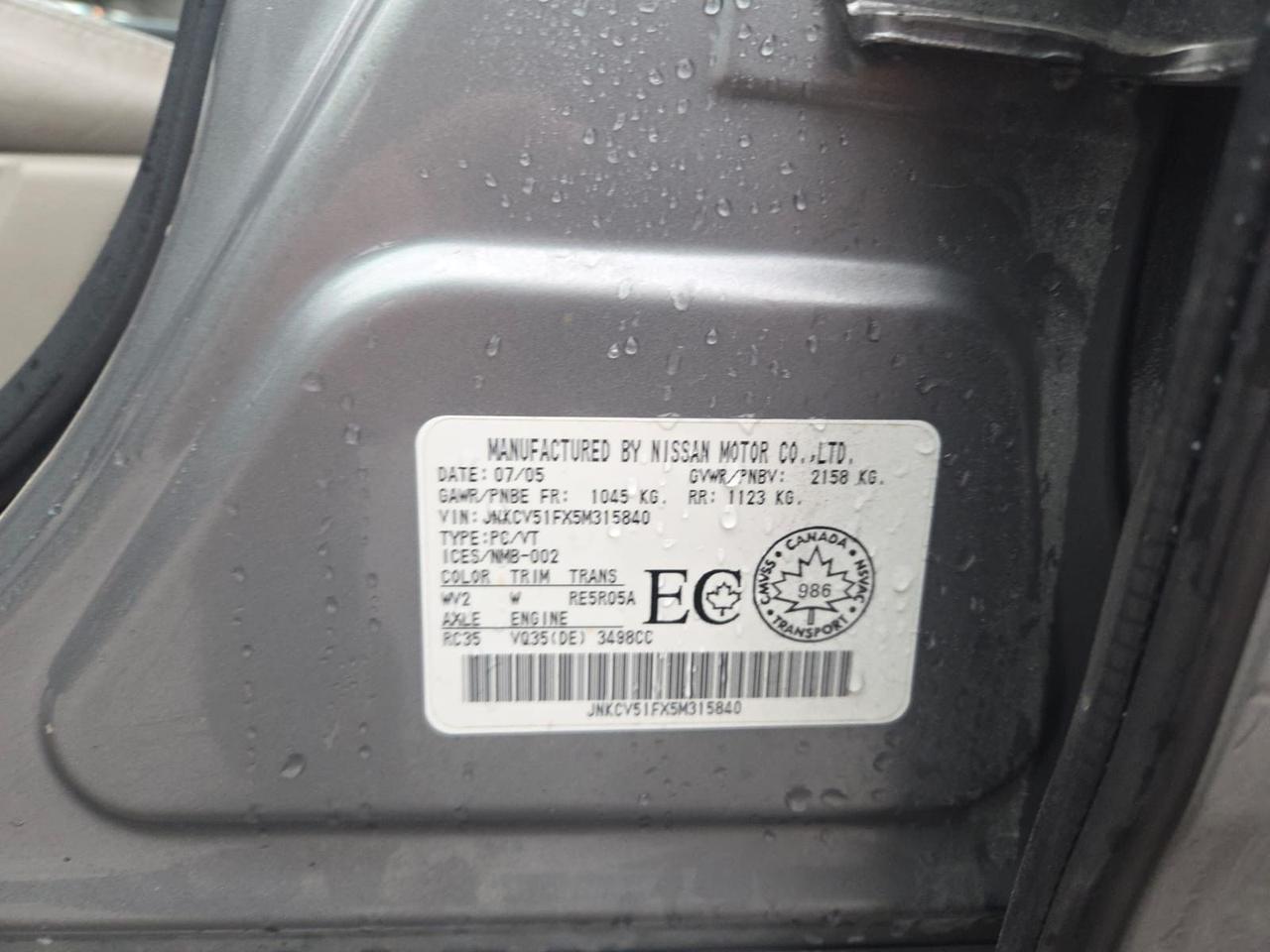 2005 Infiniti G35 SEDAN, LEATHER, LOADED, AUTO, ONLY 166KMS, AS IS Photo