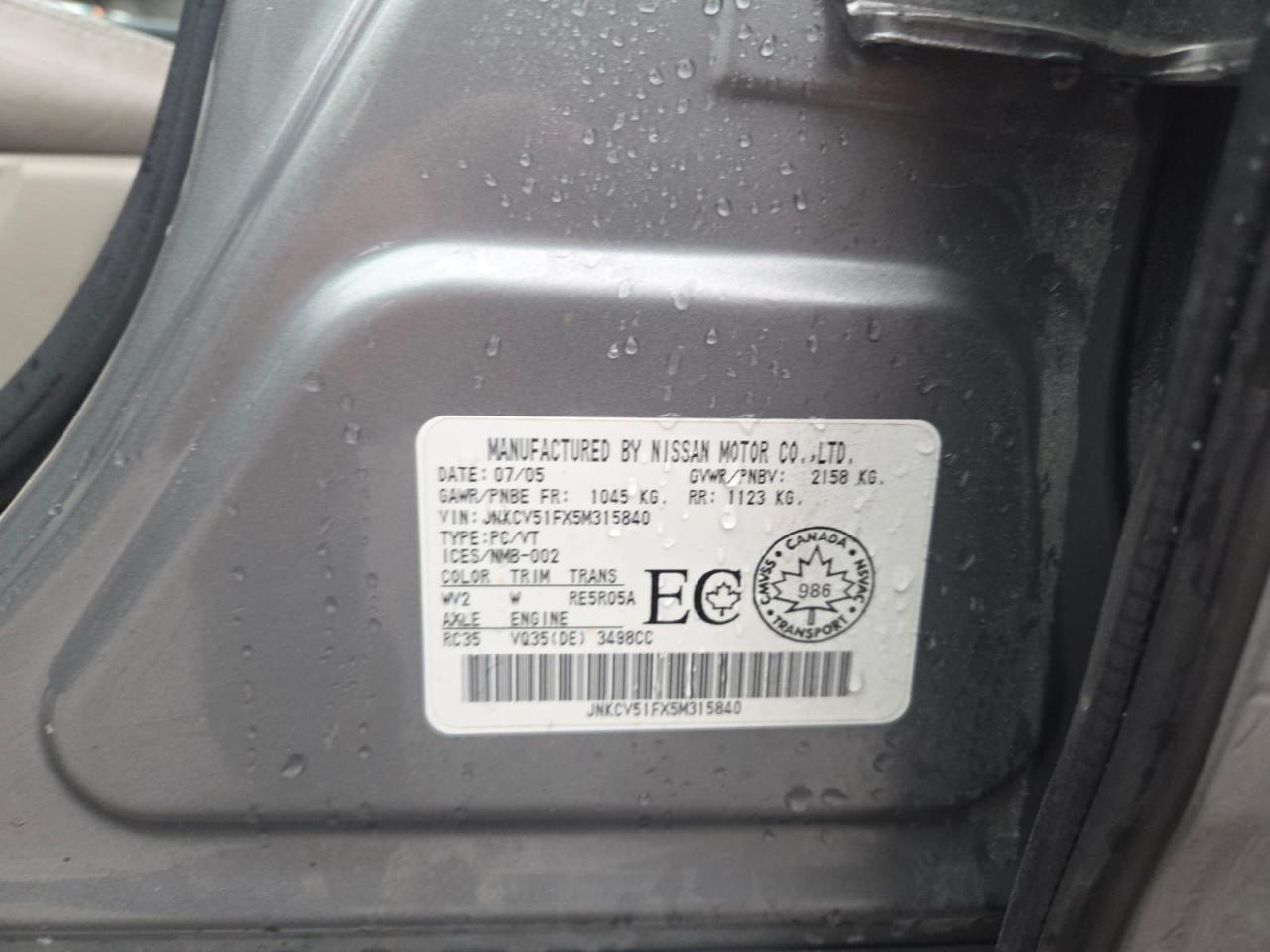 2005 Infiniti G35 SEDAN, LEATHER, LOADED, AUTO, ONLY 166KMS, AS IS Photo