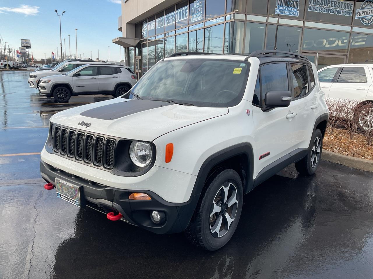 NAV / RMT START / HTD SEATS / APPLE CARPLAY ANDROID AUTO / WIPER DE-ICER / PUSH BUTTON START / KEYLESS ENTRY & MORE

Introducing the 2019 Jeep Renegade Trailhawk&mdash;a compact SUV with serious off-road capability and unmistakable Jeep character. Trail-ready features like enhanced 4x4 traction and rugged styling make it confident on trails and everyday roads alike. With thoughtful interior comfort and a versatile layout, this Renegade blends adventure-oriented performance with urban practicality. A go-anywhere SUV built for drivers who want both capability and personality.

Odometer is 13816 kilometers below market average! Recent Arrival!

Alpine White Clearcoat 2019 Jeep Renegade Trailhawk 4WD 9-Speed Automatic 1.3L I4

**CARPROOF CERTIFIED**.

* PLEASE SEE OUR MAIN WEBSITE FOR MORE PICTURES AND CARFAX REPORTS * Buy in confidence at WINDSOR CHRYSLER with our 95-point safety inspection by our certified technicians. Searching for your upgrade has never been easier. You will immediately get the low market price based on our market research, which means no more wasted time shopping around for the best price, Its time to drive home the most car for your money today. OVER 100 Pre-Owned Vehicles in Stock! Our Finance Team will secure the Best Interest Rate from one of out 20 Auto Financing Lenders that can get you APPROVED! Financing Available For All Credit Types! Whether you have Great Credit, No Credit, Slow Credit, Bad Credit, Been Bankrupt, On Disability, Or on a Pension, we have options. Looking to just sell your vehicle? We buy all makes and models let us buy your vehicle. Proudly Serving Windsor, Essex, Leamington, Kingsville, Belle River, LaSalle, Amherstburg, Tecumseh, Lakeshore, Strathroy, Stratford, Leamington, Tilbury, Essex, St. Thomas, Waterloo, Wallaceburg, St. Clair Beach, Puce, Riverside, London, Chatham, Kitchener, Guelph, Goderich, Brantford, St. Catherines, Milton, Mississauga, Toronto, Hamilton, Oakville, Barrie, Scarborough, and the GTA.