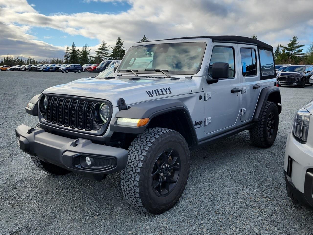 Recent Arrival! 2024 Jeep Wrangler Willys Unlimited Willys | Soft top | Low kms | Zacks Certified. 8-Speed Automatic 4WD Silver Zynith Clearcoat 2.0L I4 DOHC<br /><br /><br />156 KM/H Max Speed Tire Calibration, 240 Amp Alternator, 4 Auxiliary Switches, 4- and 7-Pin Wiring Harness, 4-Wheel Drive Swing Gate Decal, 4.10 Rear Axle Ratio, 8 Speakers, Advanced Brake Assist, Air Conditioning, AM/FM radio: SiriusXM with 360L, Black Injection-Moulded Rear Bumper, Class II Hitch Receiver, Cloth Low-Back Bucket Seats, Conventional Front Differential, Corning Gorilla Glass, Dana M210 Wide HD Tube Front Axle, Dana M220 Wide Rear Axle, Daytime Running Lights w/LED Accents, Deep-Tint Sunscreen Windows, E-Locker Rear Axle, Enhanced Adaptive Cruise Control, Forward Collision Warn/Active Braking, Front Bucket Seats, Front License Plate Bracket, Gloss Black Sport Grille, LED Fog Lamps, LED Reflector Headlamps, MOPAR All-Weather Floor Mats, Moulded-In-Colour Bumper w/Gloss Black, Off-Road Plus Mode, Power Heated Exterior Mirrors, Power steering, Power Windows w/Front 1-Touch Down, Premium-Wrapped Steering Wheel, Quick Order Package 22W Willys (DISC), Radio data system, Radio: Uconnect 5W w/12.3''' Display, Remote Keyless Entry, Rock Protection Sill Rails, Rubicon Highline Flare, Security Alarm, Speed-Sensitive Power Locks, Steering wheel mounted audio controls, Sun Visors w/Illuminated Vanity Mirrors, Telescoping steering wheel, Tilt steering wheel, Wheels: 17''' x 7.5''' Painted Black, Willy's Suspension, Willys, Willys Hood Decal.<br /><br />Certification Program Details: Fresh 2 Yr MVI | 30 day warranty* | 110 point inspection | Full tank of fuel | Krown rustproofed | Flexible financing options | Professionally detailed<br /><br />This vehicle is Zacks Certified! You're approved! We work with you. Together we'll find a solution that makes sense for your individual situation. Please visit us or call 902 843-3900 to learn about our great selection.<br /><br />With 22 lenders available Zack's Auto Sales can offer our customers with the lowest available interest rate. Thank you for taking the time to check out our selection!