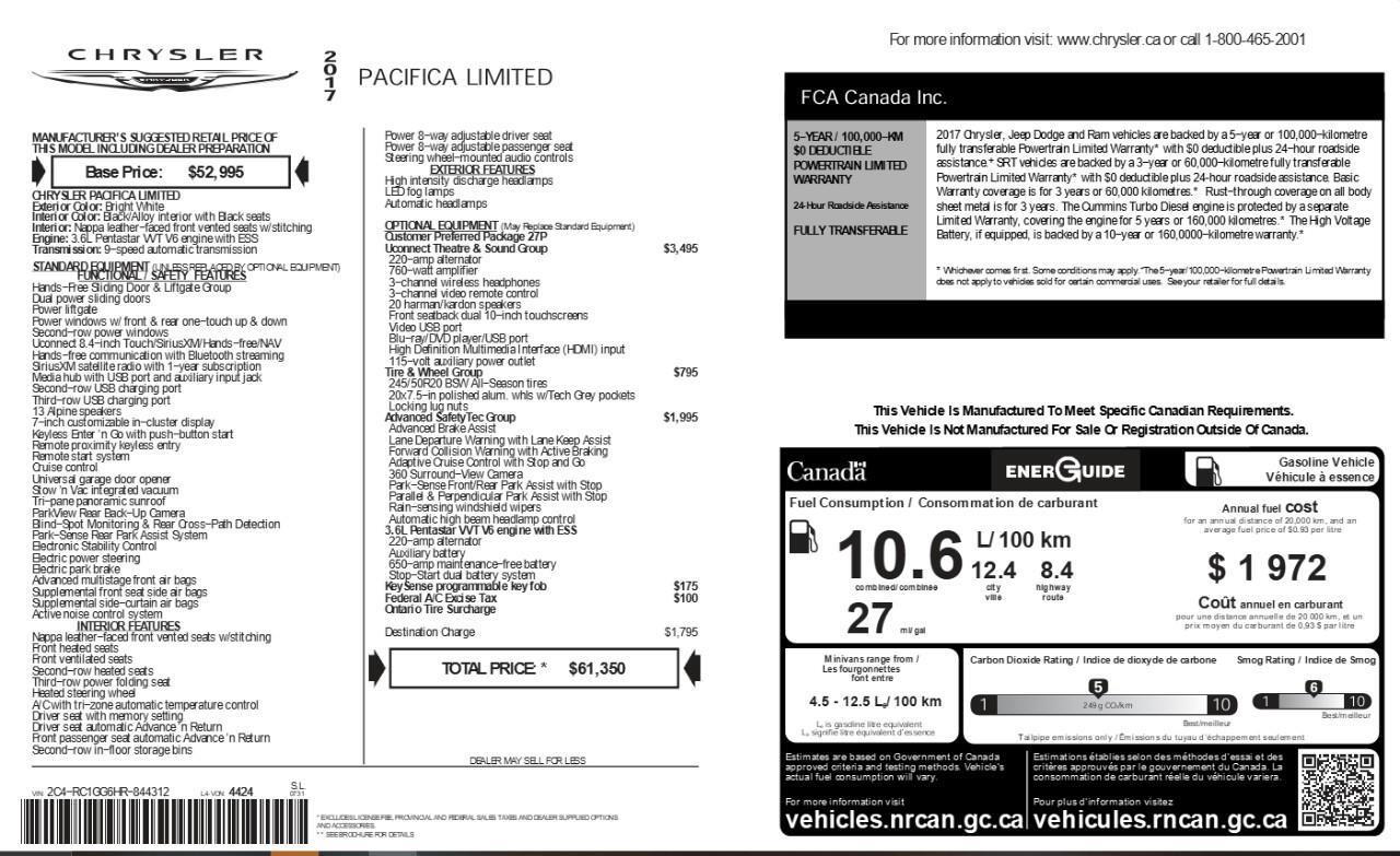 2017 Chrysler Pacifica Limited Heated and Cooled Seats   ACC + Lane Keepi Photo