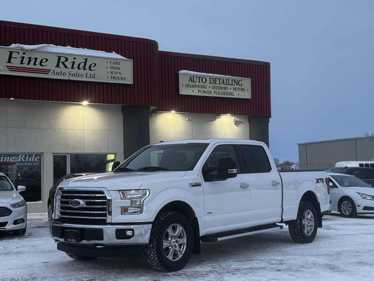 <p>2017 Ford F-150 XTR Super Crew 4X4</p><p>3.5LTR V6 Ecoboost<br>A/C<br>Telescopic tilt steering<br>Cruise<br>Power windows<br>Power locks<br>Power mirrors<br>Power heated seats<br>Power pedals<br>5 passengers<br>217,000kms!<br>Factory remote starter<br>Back up camera<br>Locking tail gate<br>Front & rear chrome bumpers<br>Aluminium wheels<br>Fog lights<br>Panoramic sunroof<br>BRAND NEW timing chains, cam phasers & tensioners completed at FORD with OEM parts</p><p>GVW: 7,050LBS<br>Gear ratio: 3.55<br>Transmission: 10 speed, 10R80<br>Towing: Approximately 10,500LBS</p><p>$25,975 Safetied<br>Financing and Warranty Available at Fine Ride Auto Sales Ltd<br>www.FineRideAutoSales.ca</p><p>Call: 204-415-3300 or 1-855-854-3300<br>Text: 204-226-1790<br>View in person at: Unit 3-3000 Main Street</p><p>DLR# 4614<br>**Plus applicable taxes**</p><p></p><p><span style=color:#000000;><span style=font-family:book antiqua, palatino, serif;font-size:14pt;>Monday                9am to 6pm</span></span><br><span style=color:#000000;><span style=font-family:book antiqua, palatino, serif;font-size:14pt;>Tuesday               9am to 6pm</span></span><br><span style=color:#000000;><span style=font-family:book antiqua, palatino, serif;font-size:14pt;>Wednesday               9am to 6pm</span></span><br><span style=color:#000000;><span style=font-family:book antiqua, palatino, serif;font-size:14pt;>Thursday                9am to 6pm</span></span><br><span style=color:#000000;><span style=font-family:book antiqua, palatino, serif;font-size:14pt;>Friday                9am to 5pm</span></span><br><span style=color:#000000;><span style=font-family:book antiqua, palatino, serif;font-size:14pt;>Saturday                             10am to 2pm</span></span><br><span style=color:#000000;><span style=font-family:book antiqua, palatino, serif;font-size:14pt;>Sunday                    CLOSED</span></span></p>