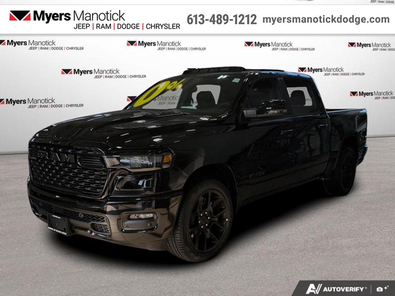 <b>Leather Seats, Night Edition, Sunroof, Sport Performance Hood!</b><br> <br> Call 613-489-1212 to speak to our friendly sales staff today, or come by the dealership!<br> <br>Built tough yet crafted for comfort, the 2026 Ram 1500 sets a new standard for modern pickup performance.<br> <br>The Ram 1500s unmatched luxury transcends traditional pickups without compromising its capability. Loaded with best-in-class features, its easy to see why the Ram 1500 is so popular. With the most towing and hauling capability in a Ram 1500, as well as improved efficiency and exceptional capability, this truck has the grit to take on any task.<br> <br>This Diamond Black Crystal Pearl Crew Cab 4X4 pickup has an Automatic transmission and is powered by a 420HP 3.0L Straight 6 Cylinder Engine. <br> <br> Our 1500s trim level is Sport. This Ram 1500 in Sport trim rewards you with front heated seats, a leather-wrapped heated steering wheel, a 360 camera system, a 10-speaker Alpine audio, and a 12-inch infotainment screen with inbuilt navigation, Apple CarPlay and Android Auto, and 4G LTE Wi-Fi hotspot. Additional features include class IV towing equipment, aluminum wheels, power adjustable pedals, intersection collision assist, evasion assist, lane keep assist with lane departure warning, and even more! This vehicle has been upgraded with the following features: Leather Seats, Night Edition, Sunroof, Sport Performance Hood.<br><br> View the original window sticker for this vehicle with this url <b><a href=http://www.chrysler.com/hostd/windowsticker/getWindowStickerPdf.do?vin=3C6SRFVP0T4163716 target=_blank>http://www.chrysler.com/hostd/windowsticker/getWindowStickerPdf.do?vin=3C6SRFVP0T4163716</a></b>.<br> <br>To apply right now for financing use this link: <a href=https://CreditOnline.dealertrack.ca/Web/Default.aspx?Token=3206df1a-492e-4453-9f18-918b5245c510&Lang=en target=_blank>https://CreditOnline.dealertrack.ca/Web/Default.aspx?Token=3206df1a-492e-4453-9f18-918b5245c510&Lang=en</a><br> <br/>Total rebate of $8250 is reflected in the price. <br> Buy this vehicle now for the lowest weekly payment of <b>$250.57</b> with $0 down for 96 months @ 5.29% APR O.A.C. ( Plus applicable taxes - $1199 fees included in price **Rebates may not be applicable on all purchase types [cash, lease, or finance]. Eligibility and conditions may vary. Please see dealer for full details and confirmation of eligibility. ). Incentives expire 2026-07-31. See dealer for details. <br><br>If youre looking for a Dodge, Ram, Jeep, and Chrysler dealership in Ottawa that always goes above and beyond for you, visit Myers Manotick Dodge today! Were more than just great cars. We provide the kind of world-class Dodge service experience near Kanata that will make you a Myers customer for life. And with fabulous perks like extended service hours, our 30-day tire price guarantee, the Myers No Charge Engine/Transmission for Life program, and complimentary shuttle service, its no wonder were a top choice for drivers everywhere. Get more with Myers!<br> Come by and check out our fleet of 20+ used cars and trucks and 40+ new cars and trucks for sale in Manotick.  o~o